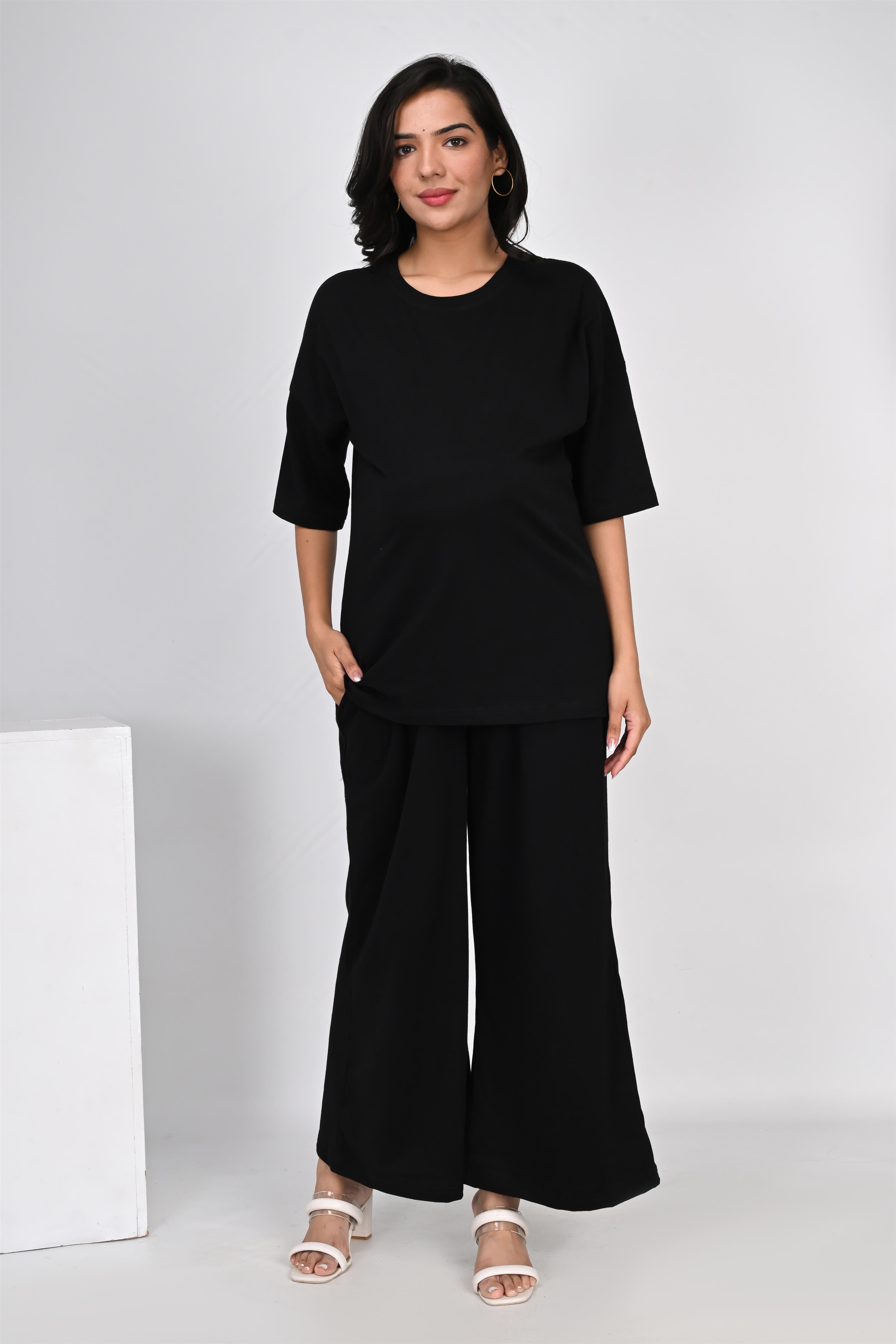 Ofably Plain Knitted Cotton Maternity Co-ord Set- Black (OFMCORD04)