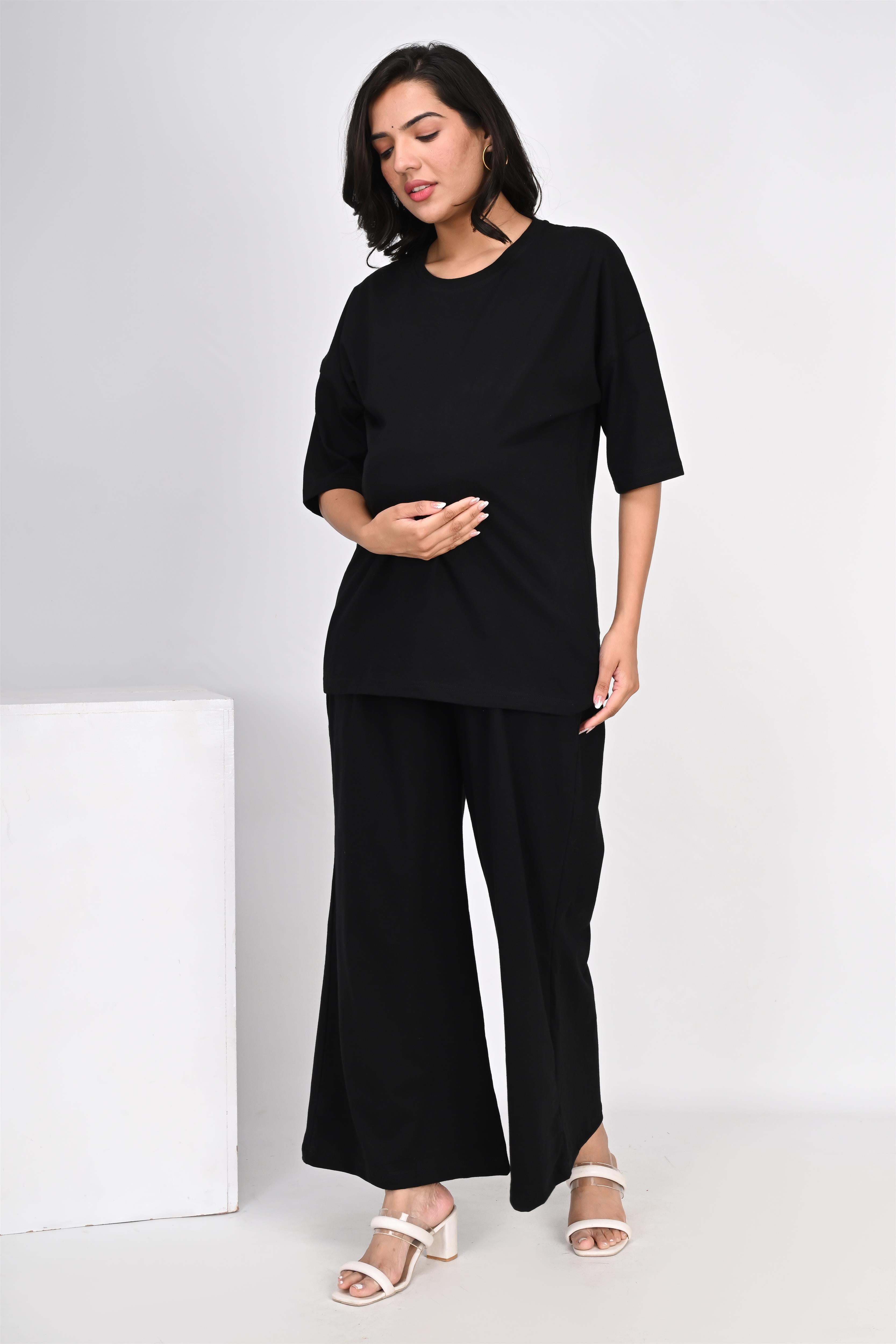 Ofably Plain Knitted Cotton Maternity Co-ord Set- Black (OFMCORD04)