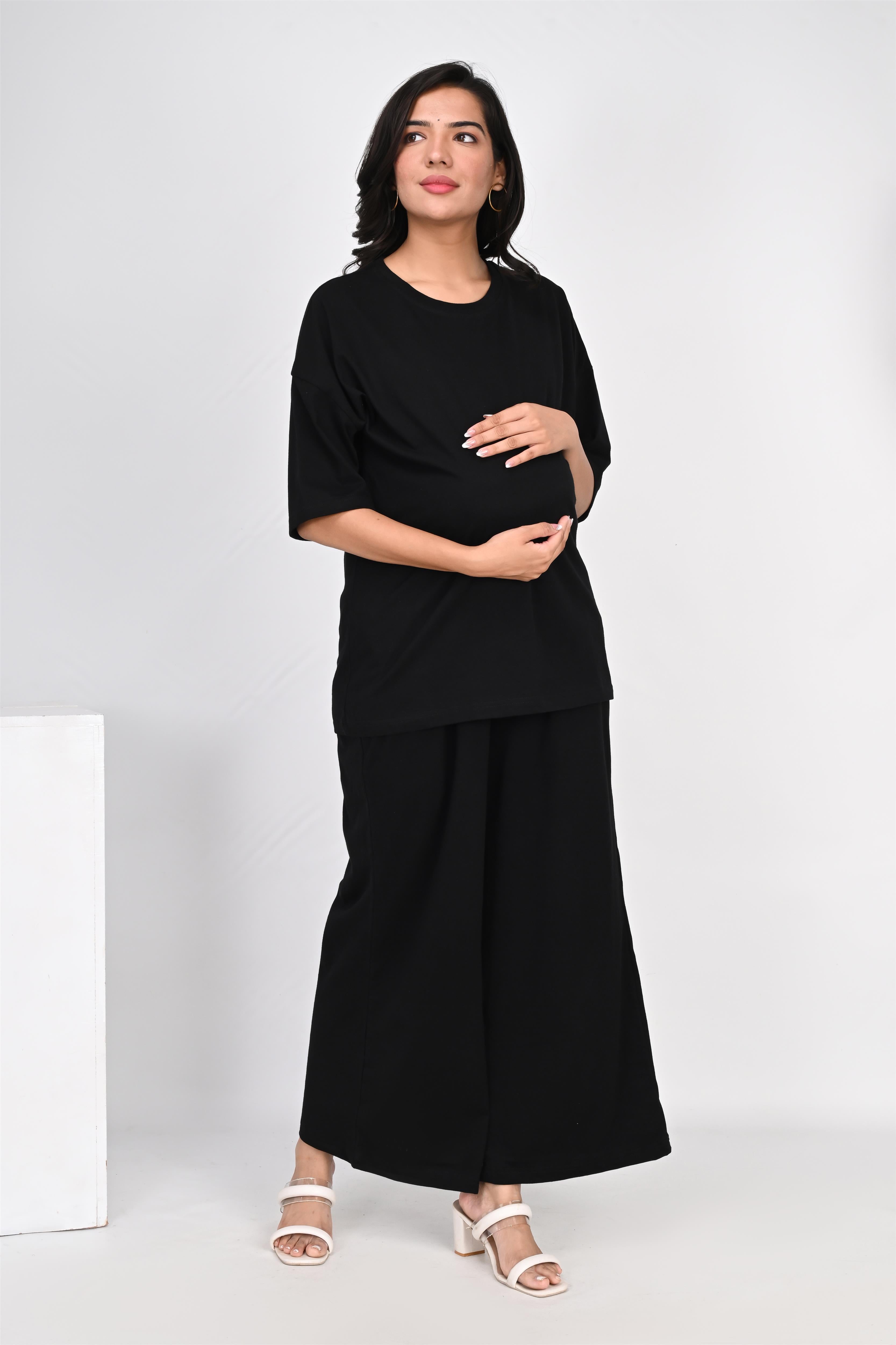 Ofably Plain Knitted Cotton Maternity Co-ord Set- Black (OFMCORD04)