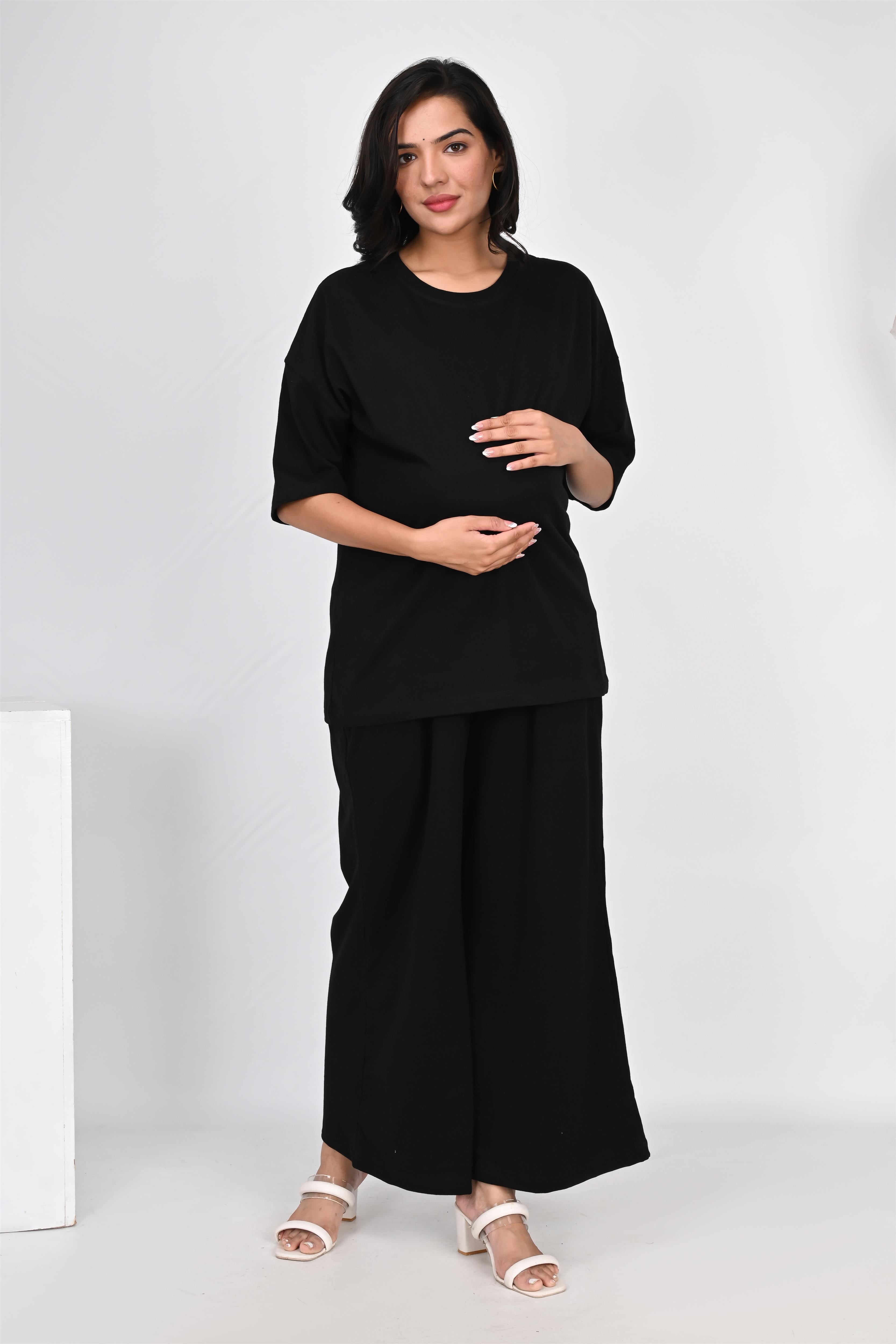 Ofably Plain Knitted Cotton Maternity Co-ord Set- Black (OFMCORD04)