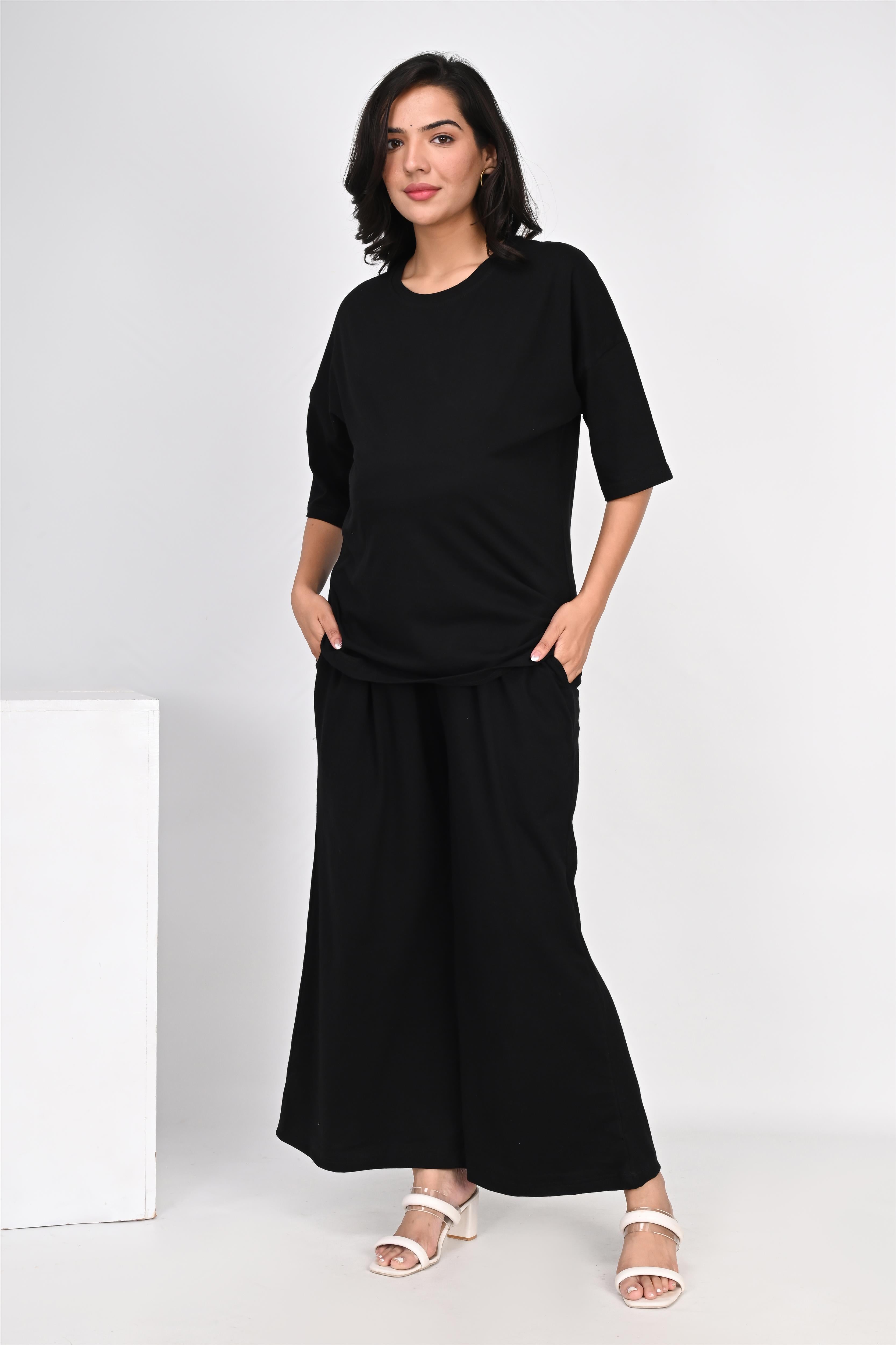 Ofably Plain Knitted Cotton Maternity Co-ord Set- Black (OFMCORD04)