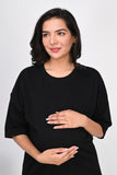 Ofably Plain Knitted Cotton Maternity Co-ord Set- Black (OFMCORD04)