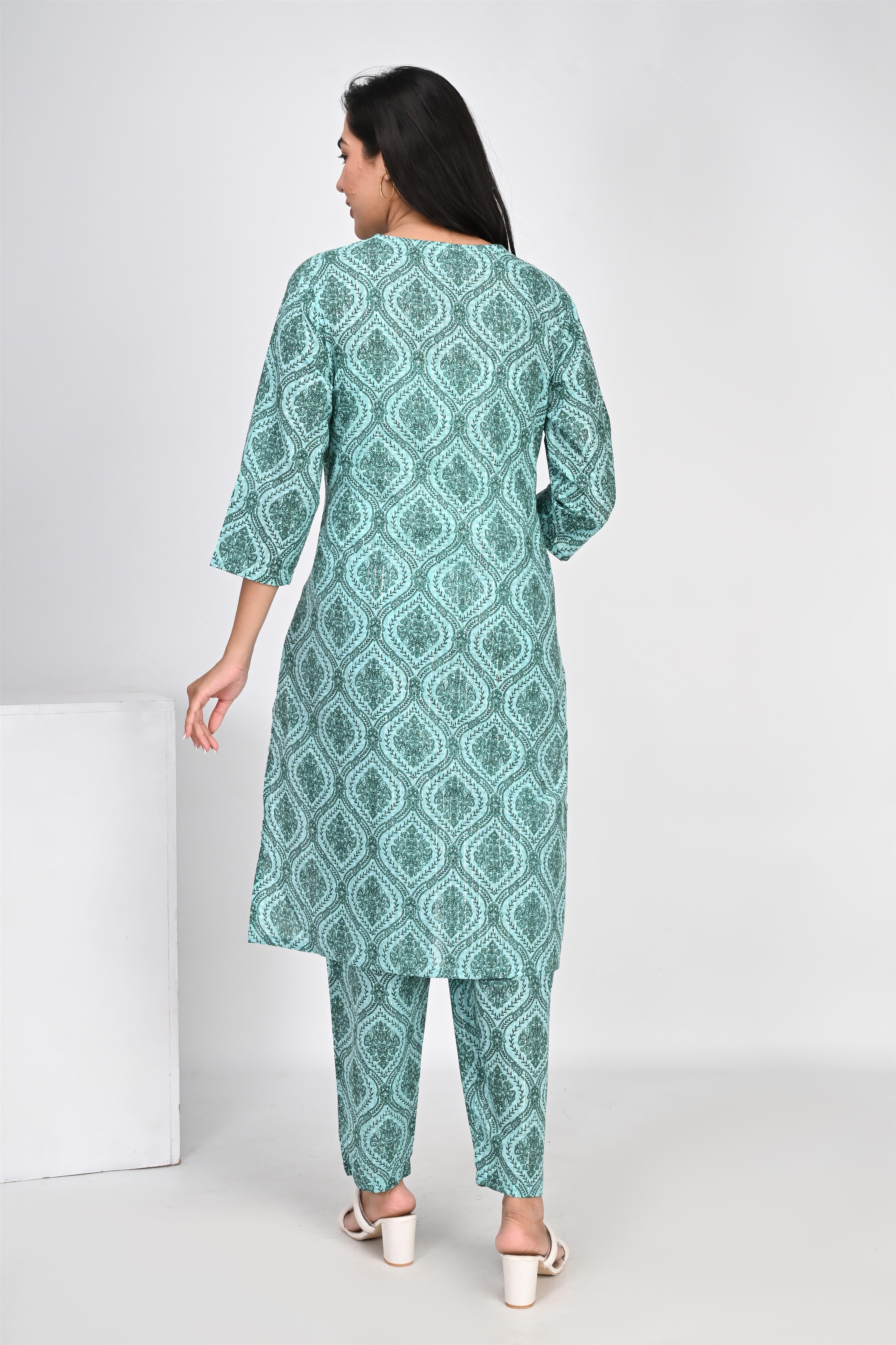 Ofably Geometrical Motif Print Cotton Maternity Co-ord Set- Sea Green (OFMCORD03)