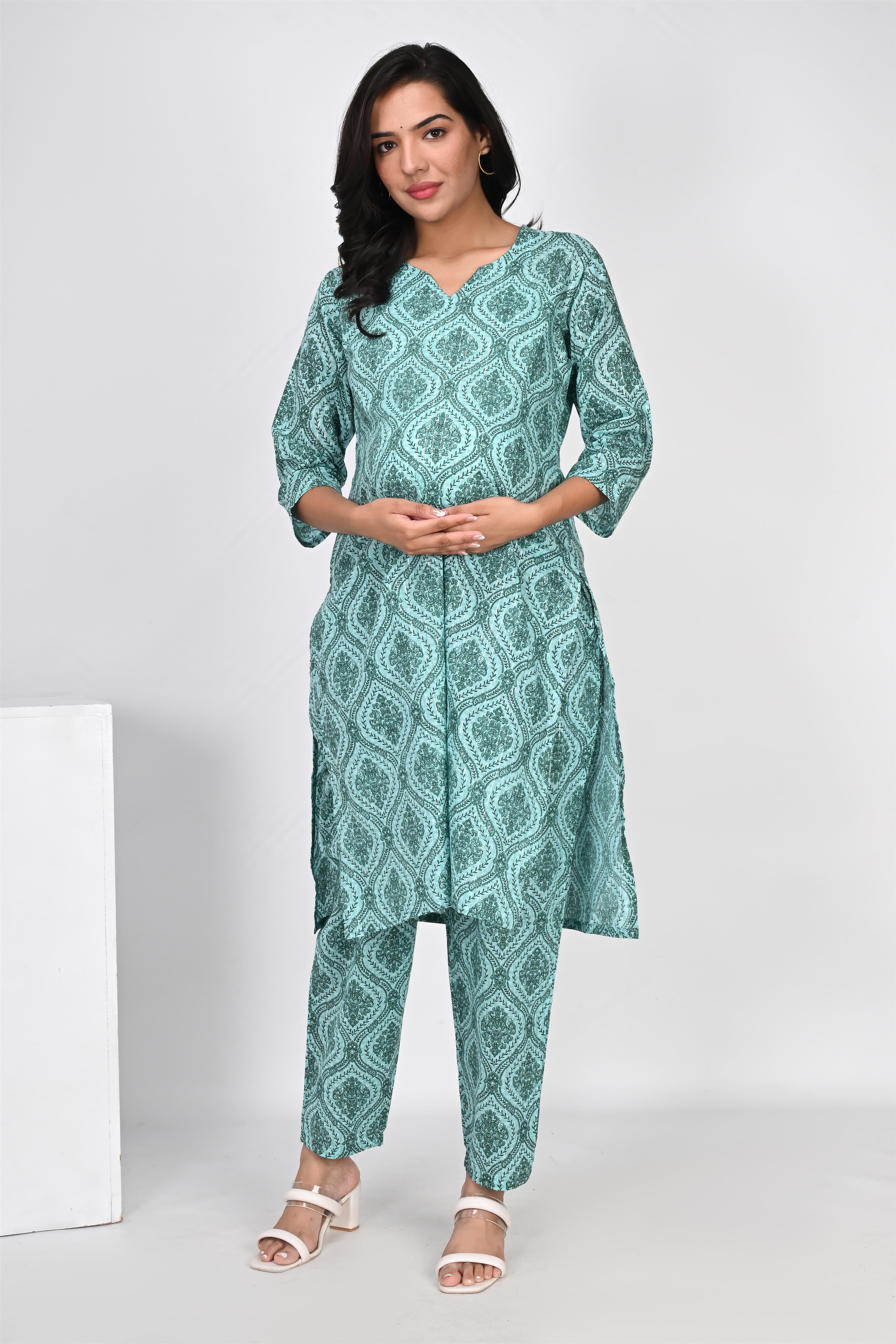 Ofably Geometrical Motif Print Cotton Maternity Co-ord Set- Sea Green (OFMCORD03)