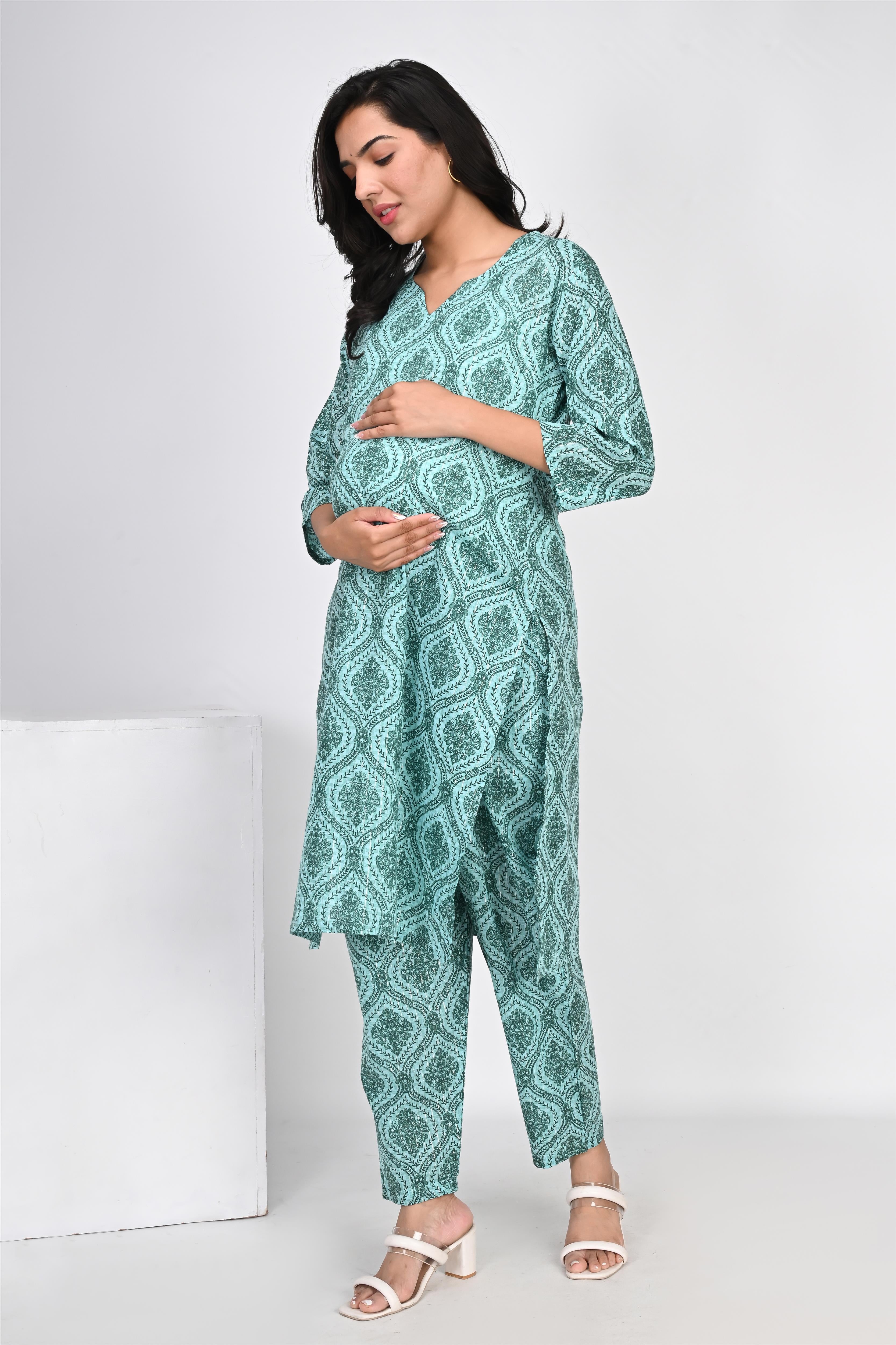 Ofably Geometrical Motif Print Cotton Maternity Co-ord Set- Sea Green (OFMCORD03)