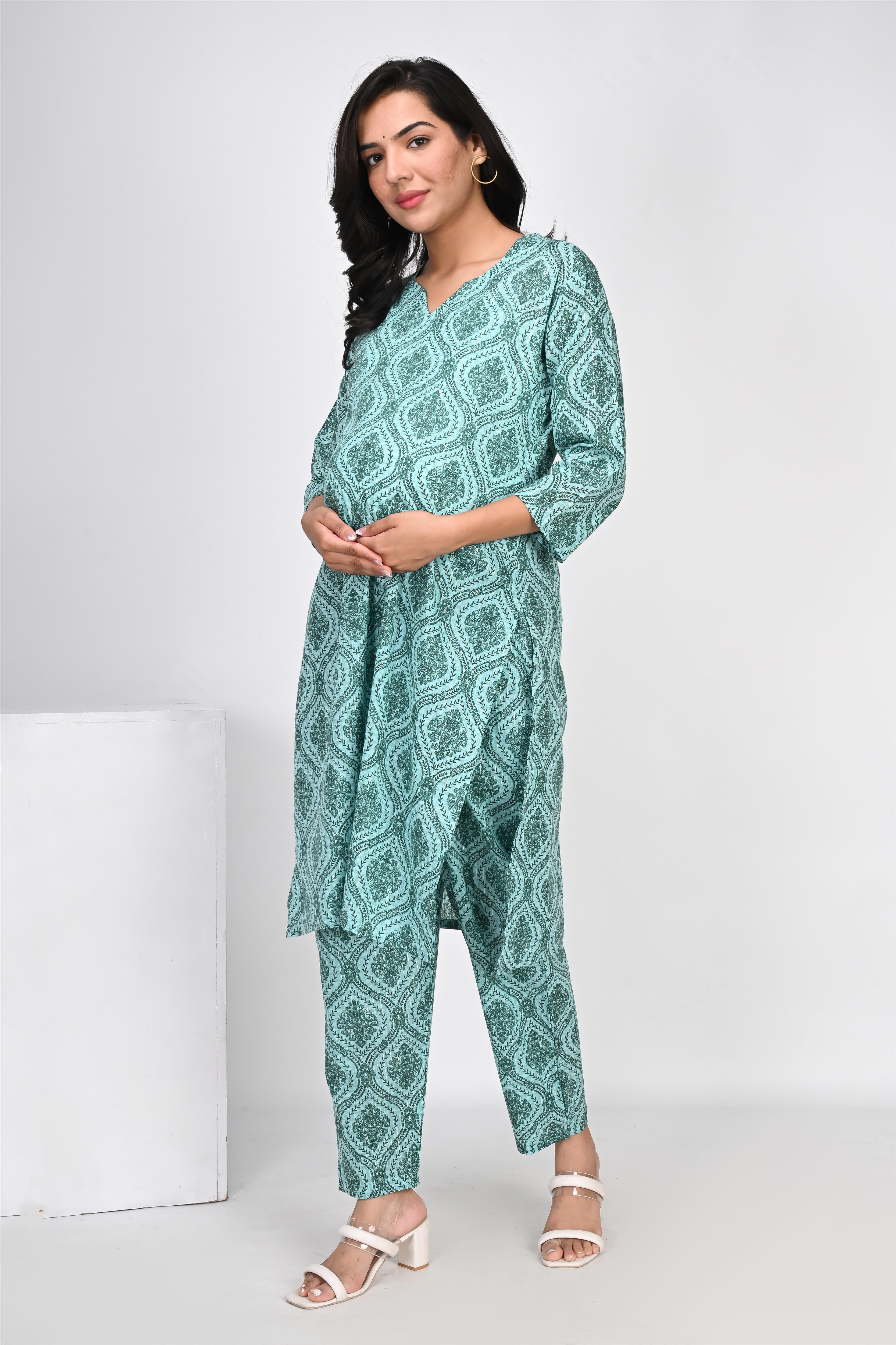 Ofably Geometrical Motif Print Cotton Maternity Co-ord Set- Sea Green (OFMCORD03)