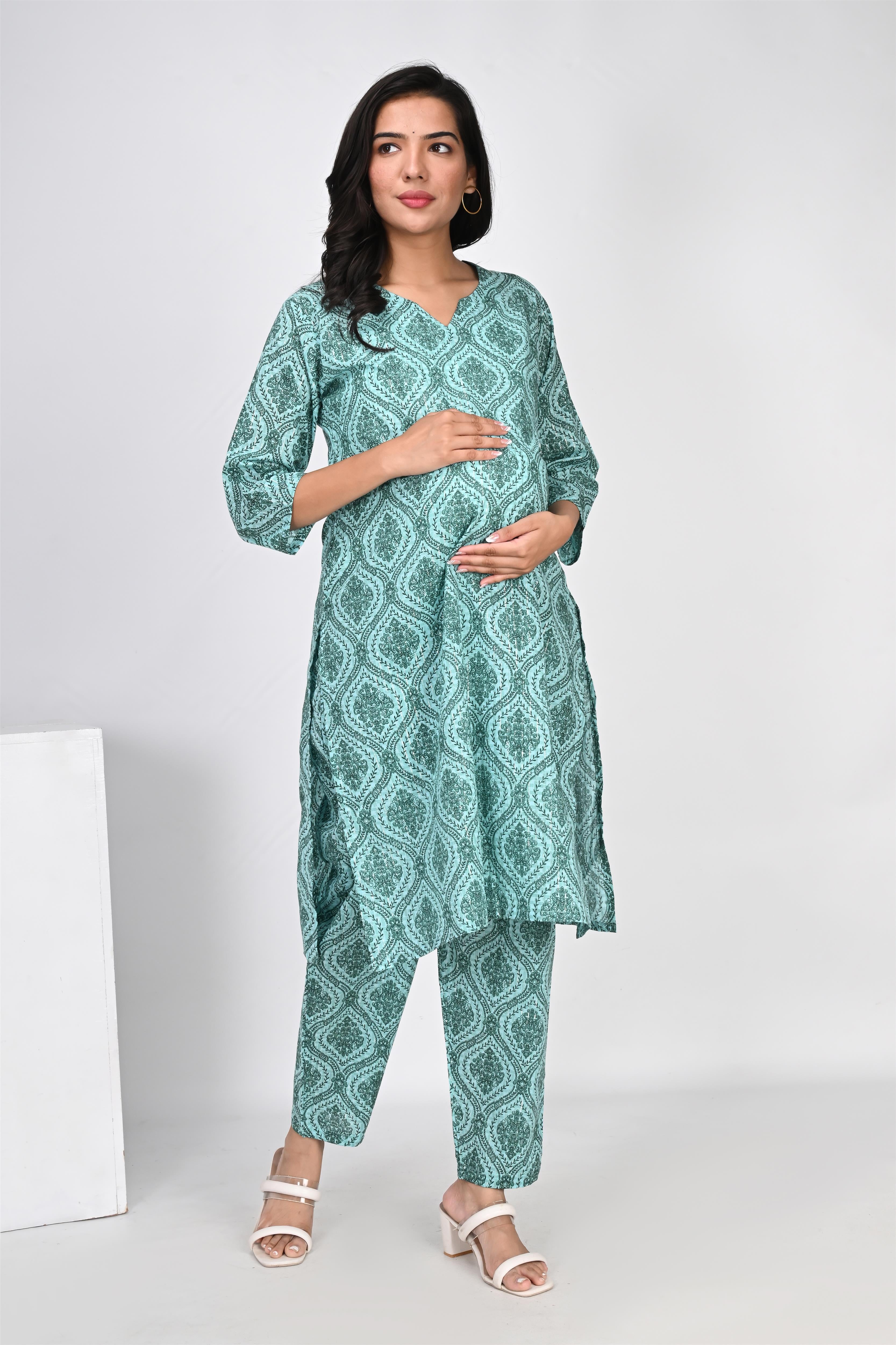 Ofably Geometrical Motif Print Cotton Maternity Co-ord Set- Sea Green (OFMCORD03)