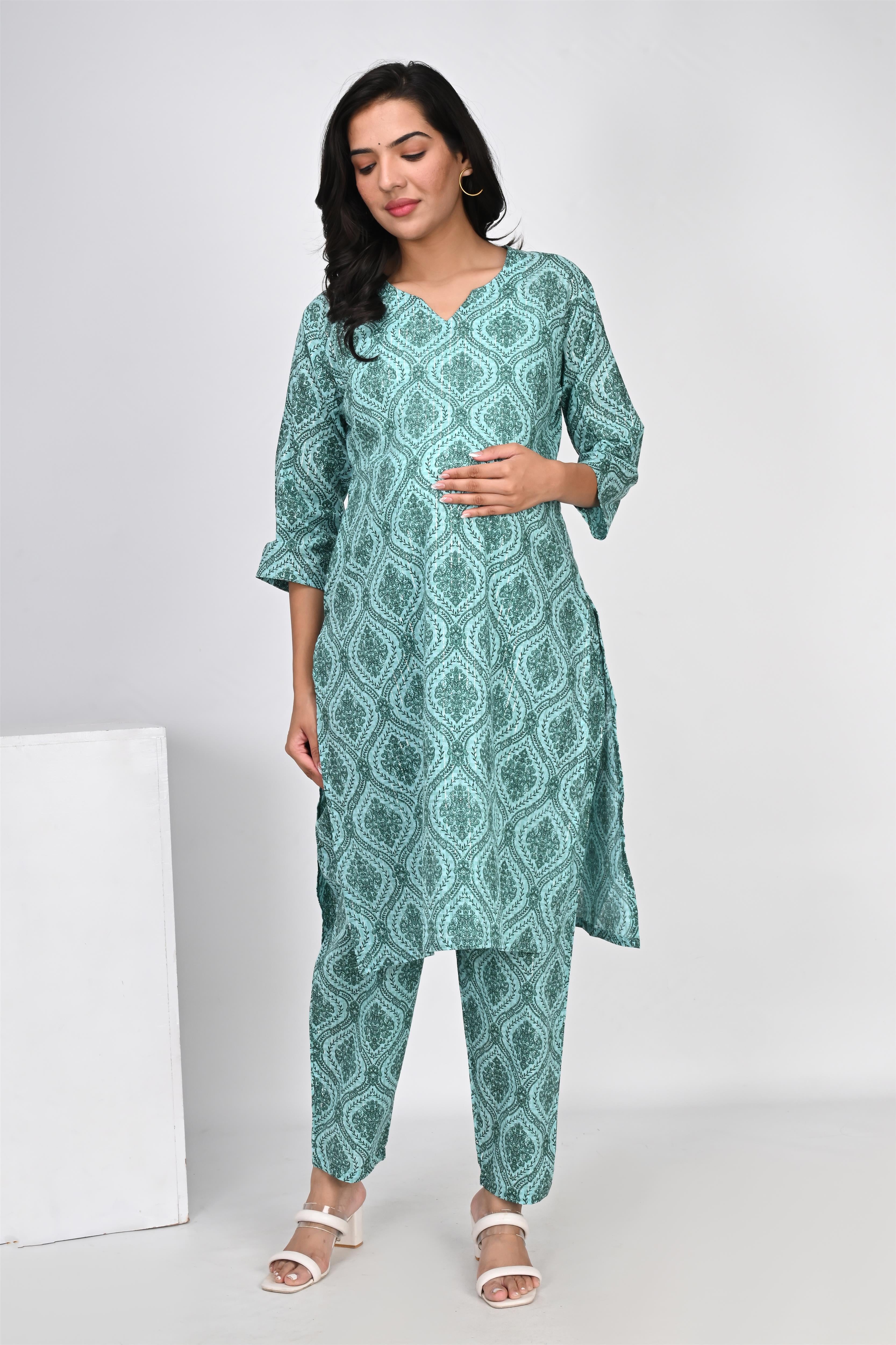 Ofably Geometrical Motif Print Cotton Maternity Co-ord Set- Sea Green (OFMCORD03)