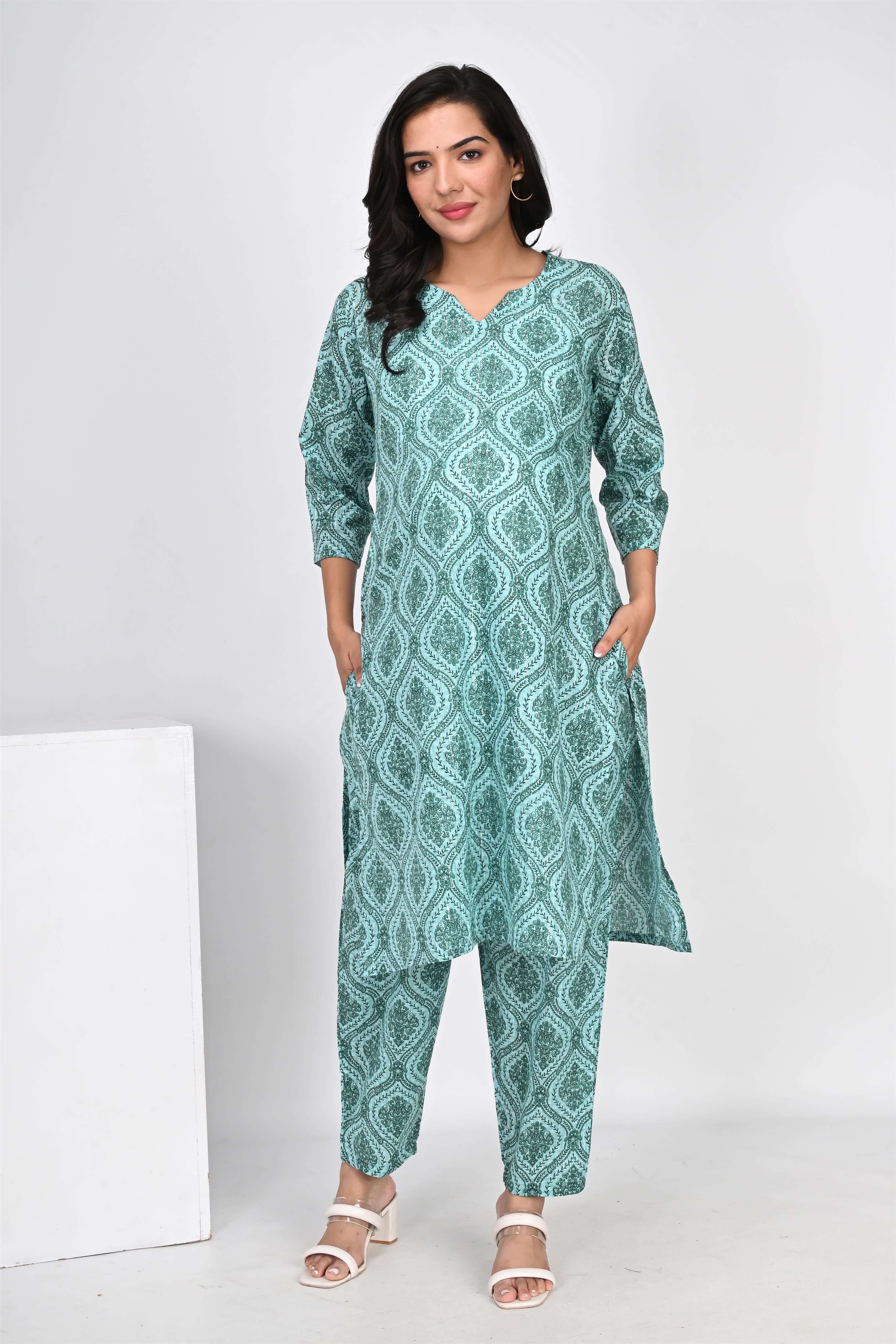 Ofably Geometrical Motif Print Cotton Maternity Co-ord Set- Sea Green (OFMCORD03)