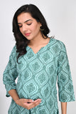 Ofably Geometrical Motif Print Cotton Maternity Co-ord Set- Sea Green (OFMCORD03)