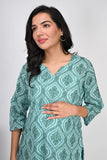 Ofably Geometrical Motif Print Cotton Maternity Co-ord Set- Sea Green (OFMCORD03)