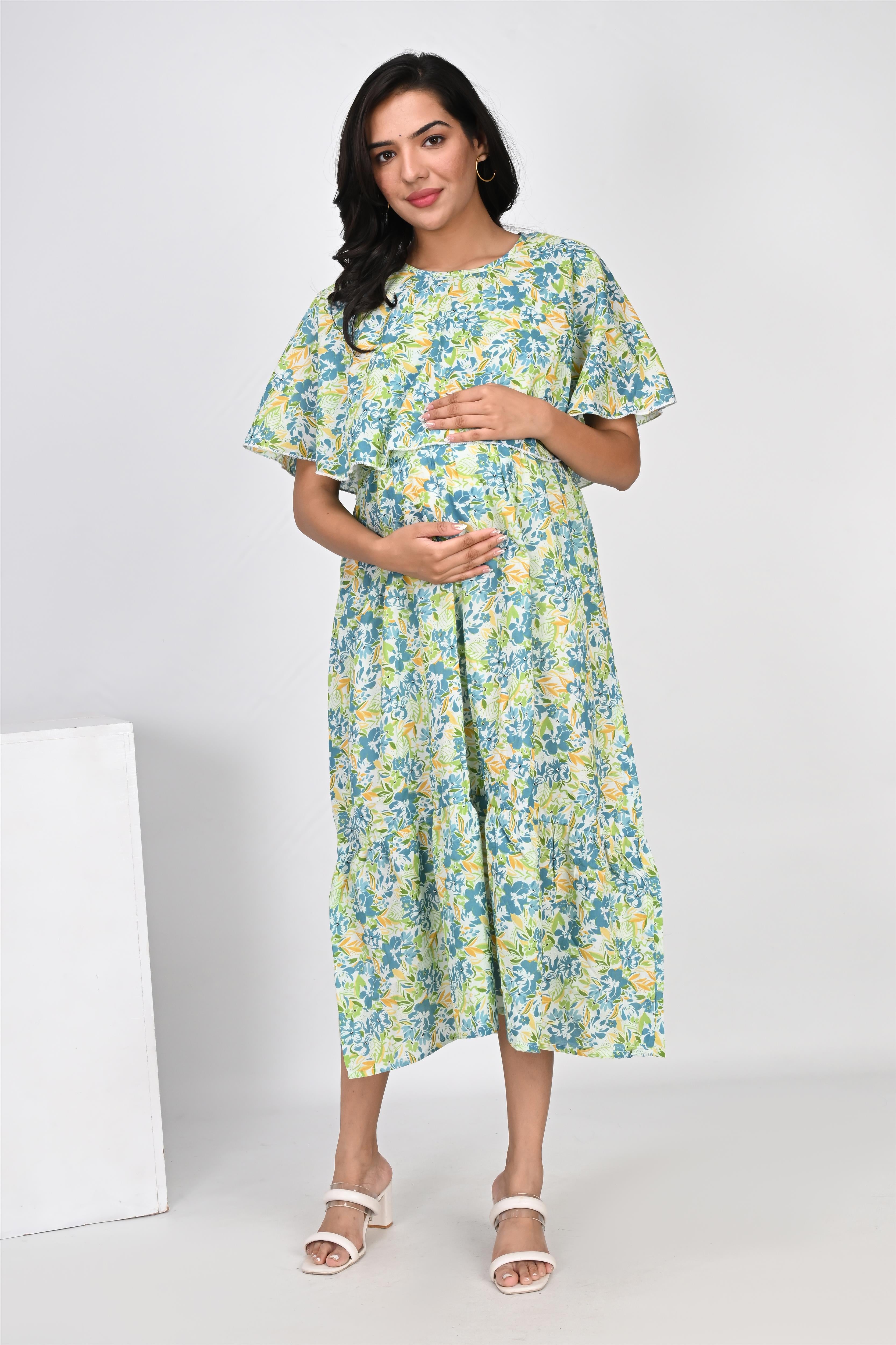 Ofably Cover Up Top Maternity Chain Feeding Cotton Dress - White (OFMK146)