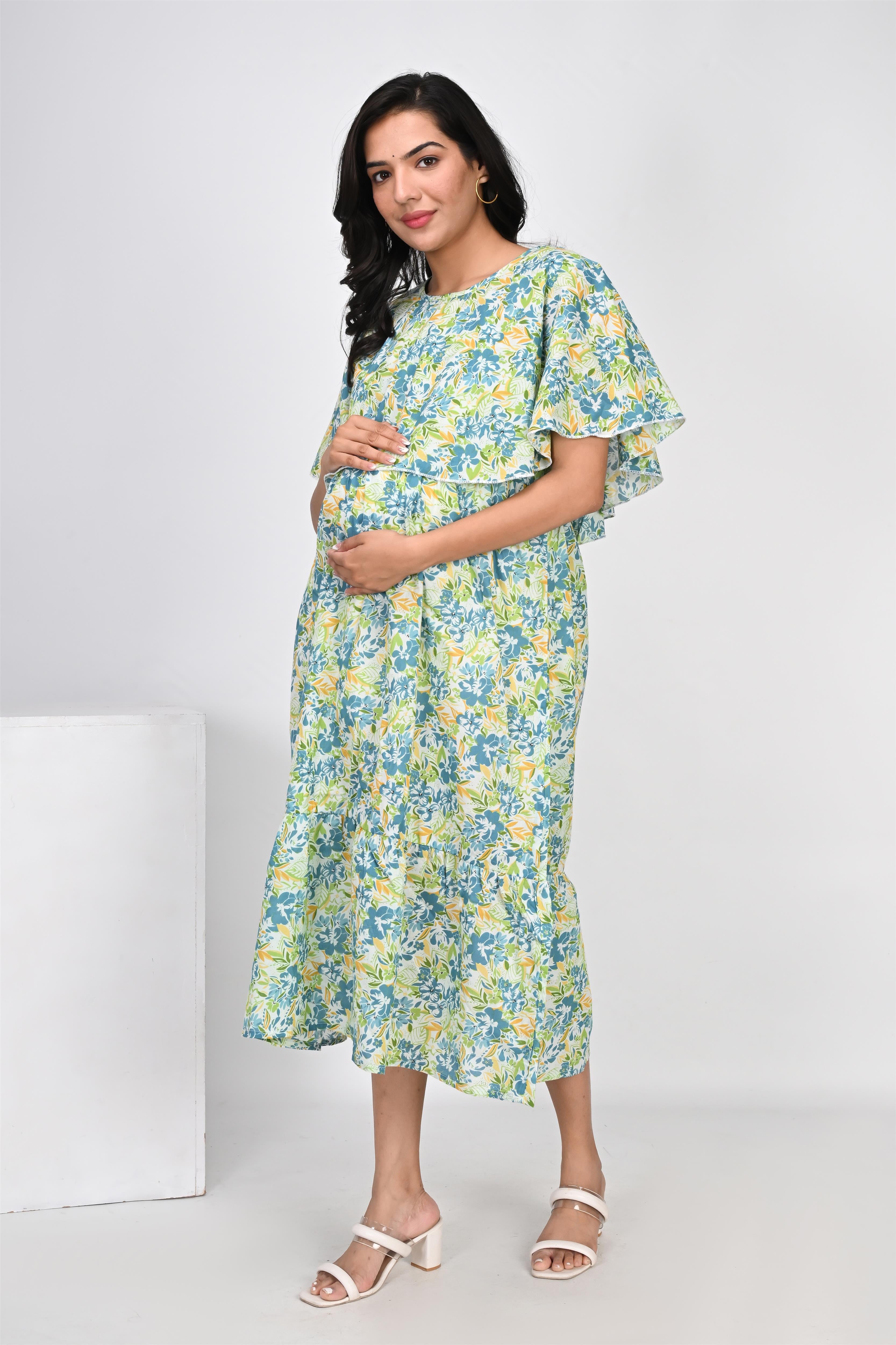 Ofably Cover Up Top Maternity Chain Feeding Cotton Dress - White (OFMK146)