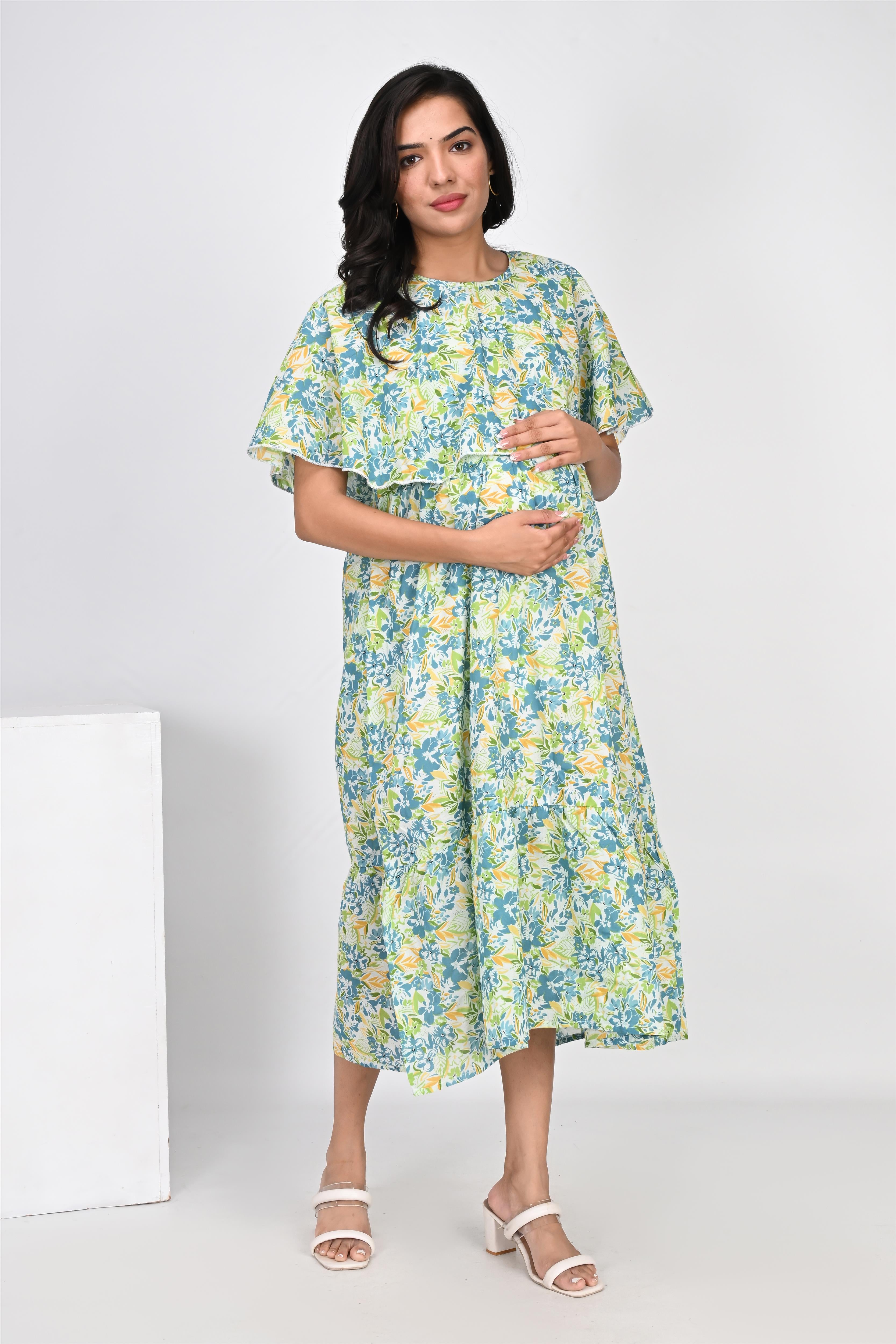 Ofably Cover Up Top Maternity Chain Feeding Cotton Dress - White (OFMK146)