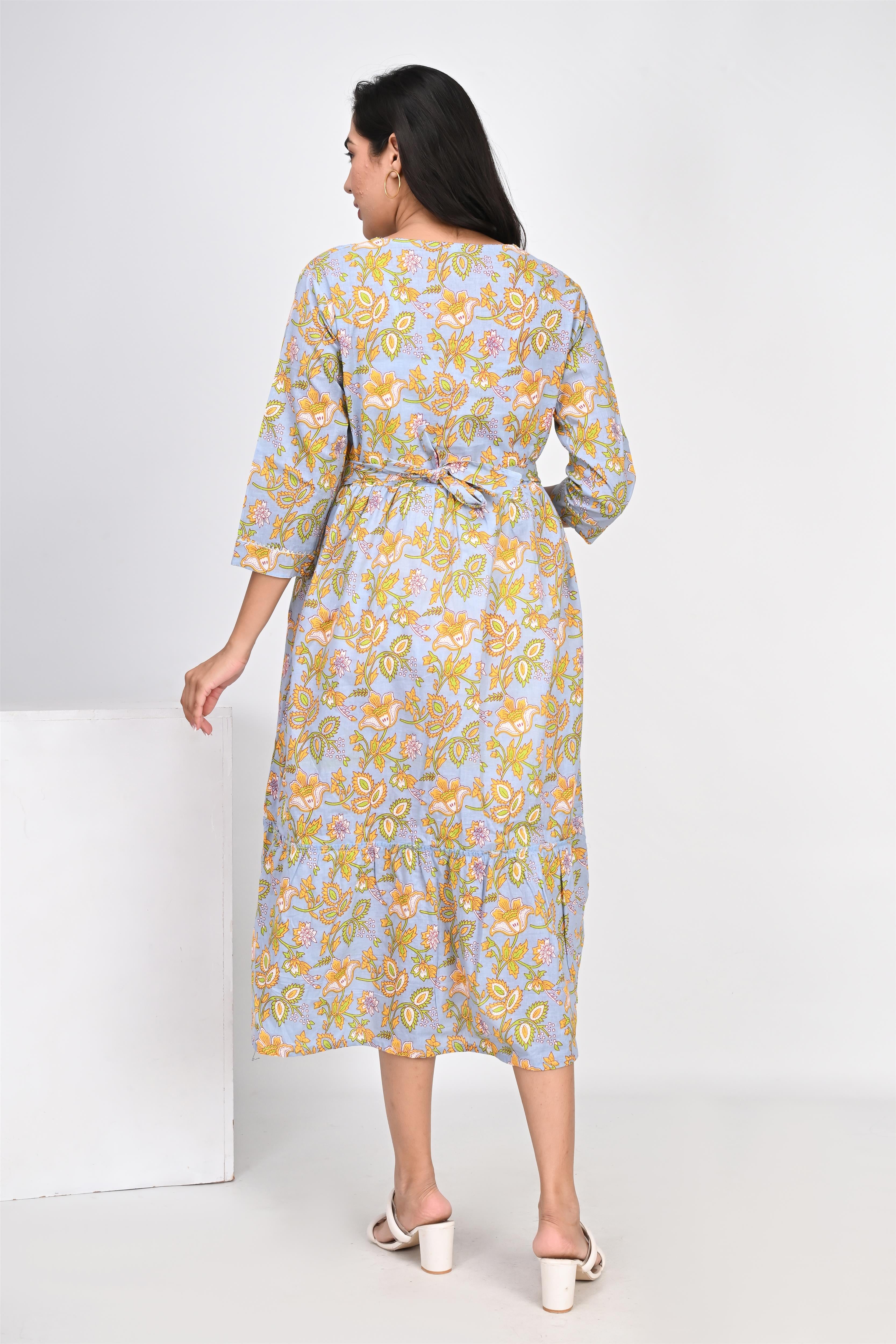 Ofably Yellow Flower Printed Cotton Maternity Feeding Dress - Multicolor (OFMK133)