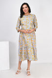 Ofably Yellow Flower Printed Cotton Maternity Feeding Dress - Multicolor (OFMK133)