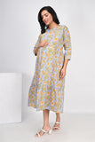 Ofably Yellow Flower Printed Cotton Maternity Feeding Dress - Multicolor (OFMK133)