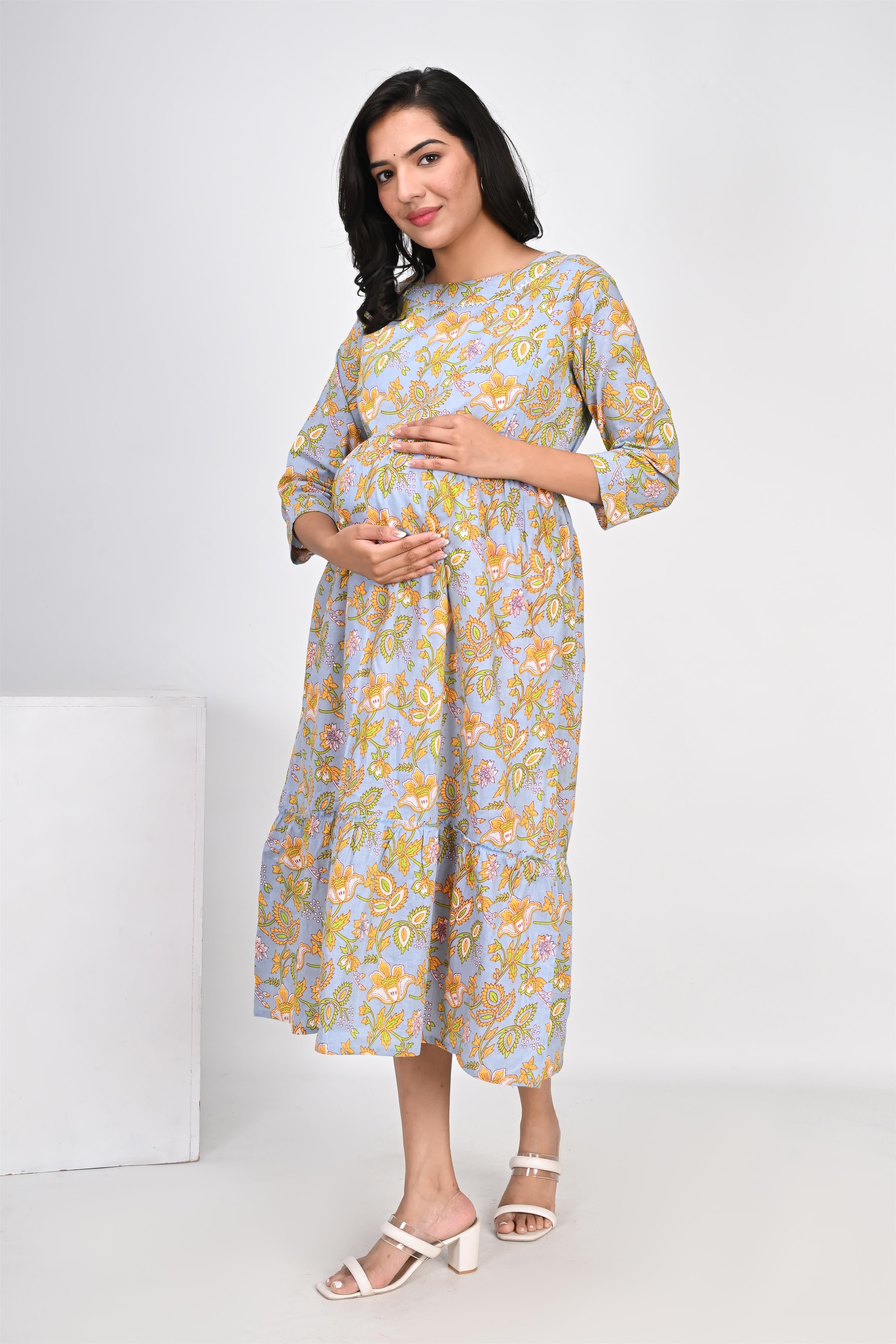 Ofably Yellow Flower Printed Cotton Maternity Feeding Dress - Multicolor (OFMK133)