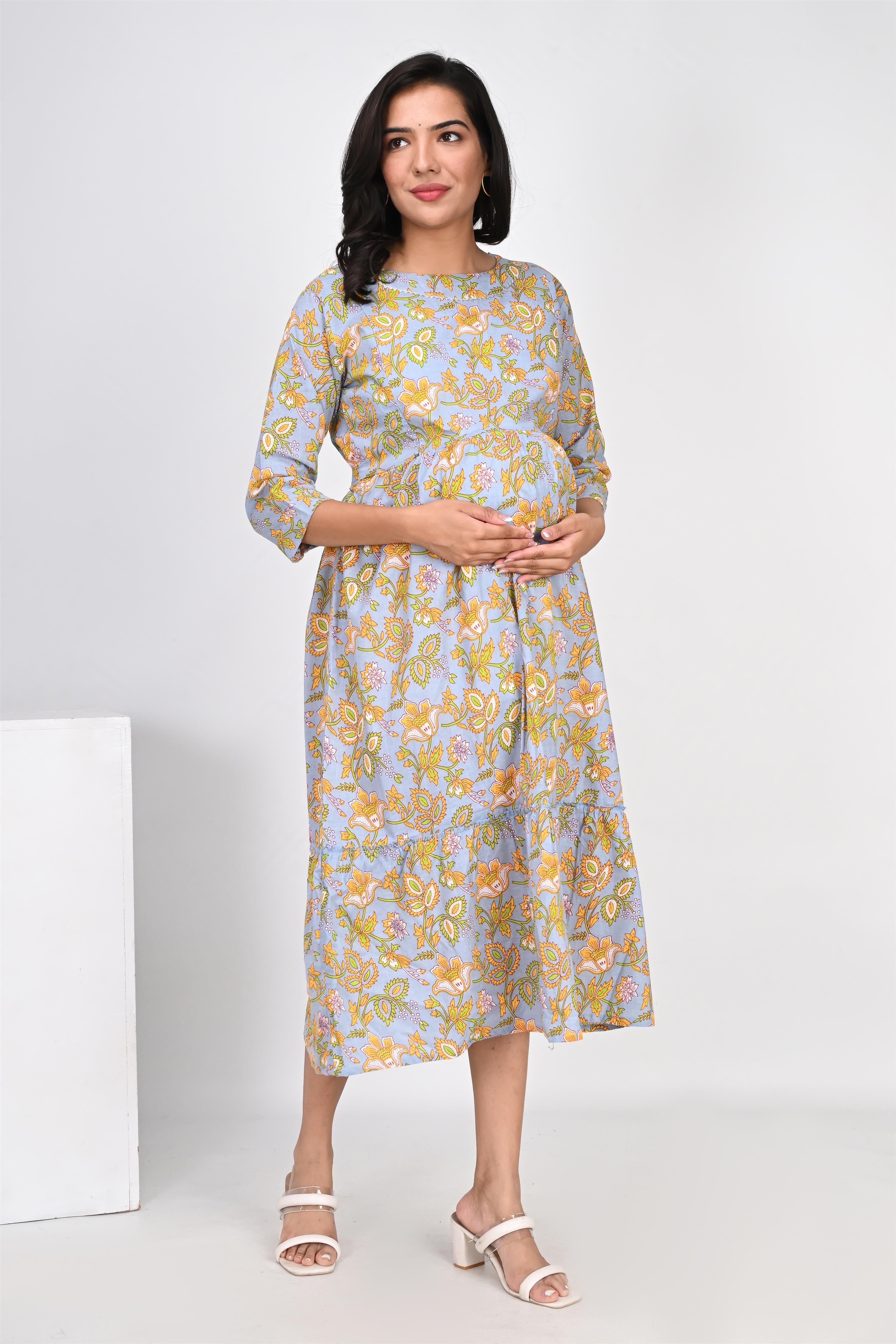 Ofably Yellow Flower Printed Cotton Maternity Feeding Dress - Multicolor (OFMK133)