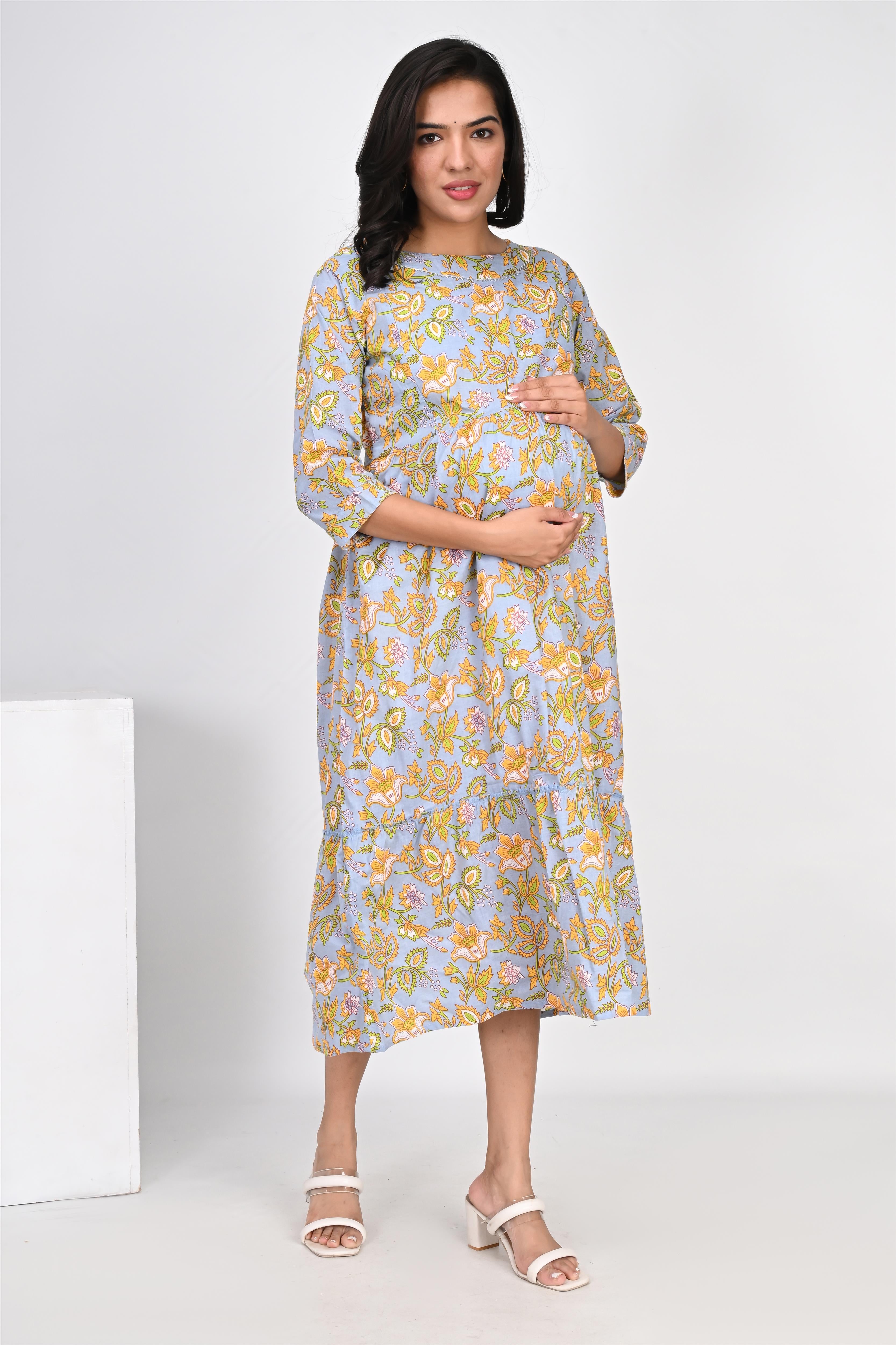 Ofably Yellow Flower Printed Cotton Maternity Feeding Dress - Multicolor (OFMK133)