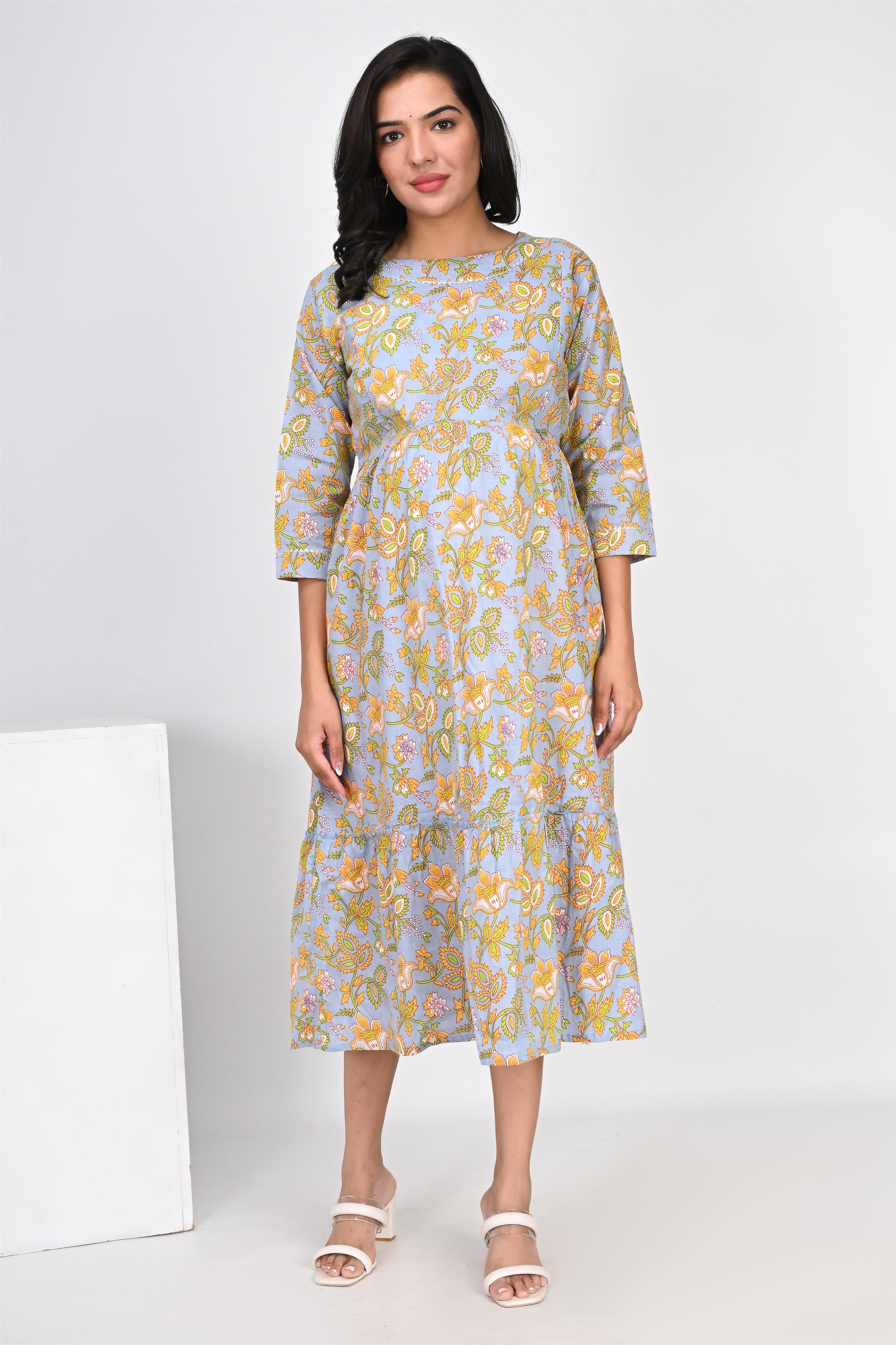 Ofably Yellow Flower Printed Cotton Maternity Feeding Dress - Multicolor (OFMK133)