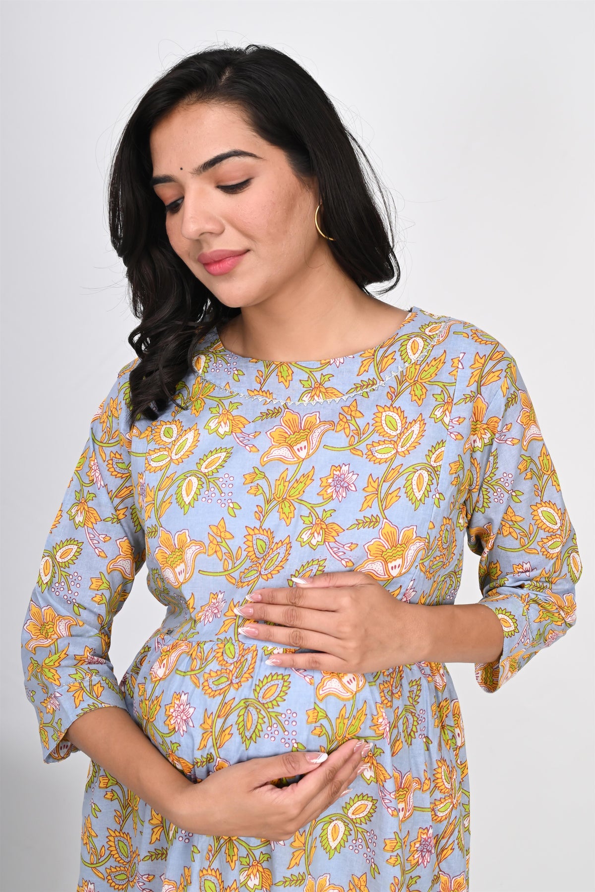 Ofably Yellow Flower Printed Cotton Maternity Feeding Dress - Multicolor (OFMK133)