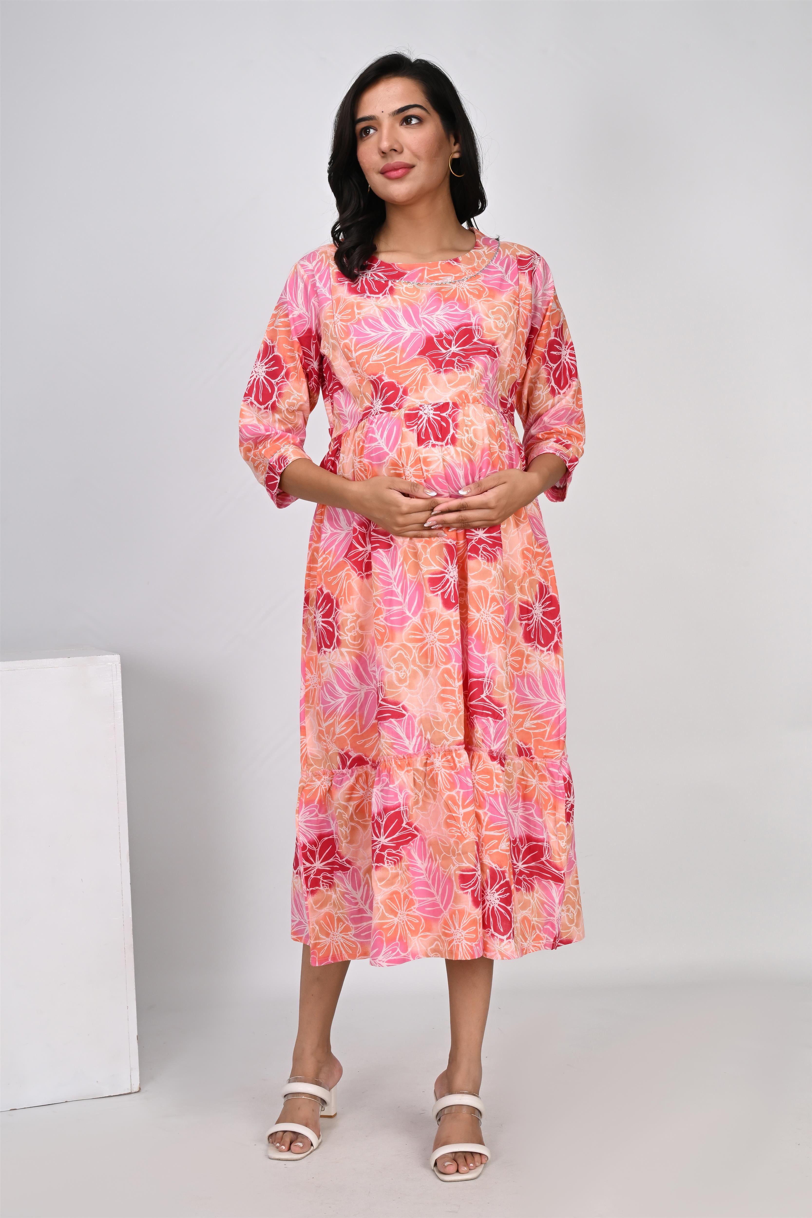 Ofably Multicolor Floral Print With Lace Maternity Chain Feeding Kurti - Peach (OFMK145)