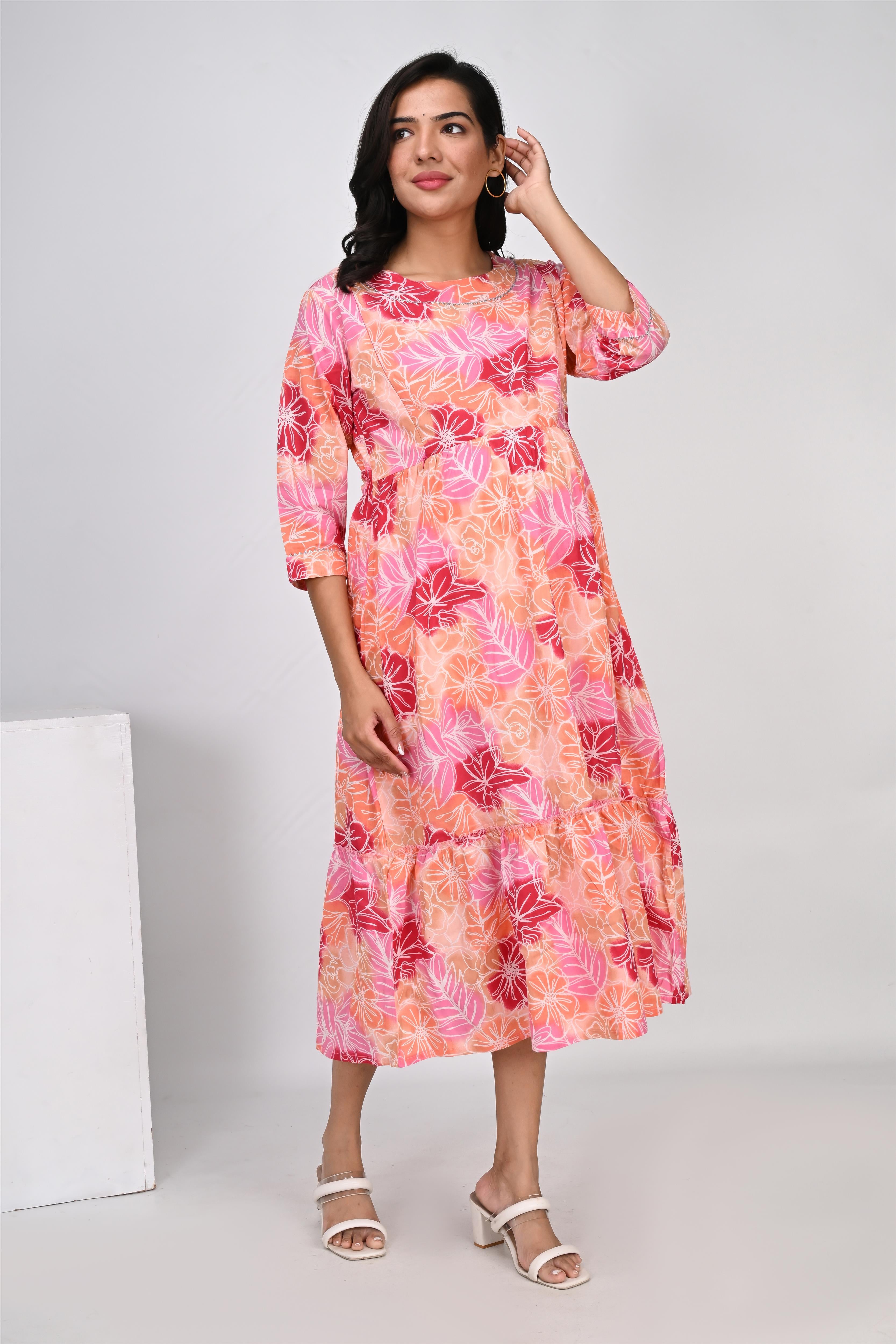 Ofably Multicolor Floral Print With Lace Maternity Chain Feeding Kurti - Peach (OFMK145)