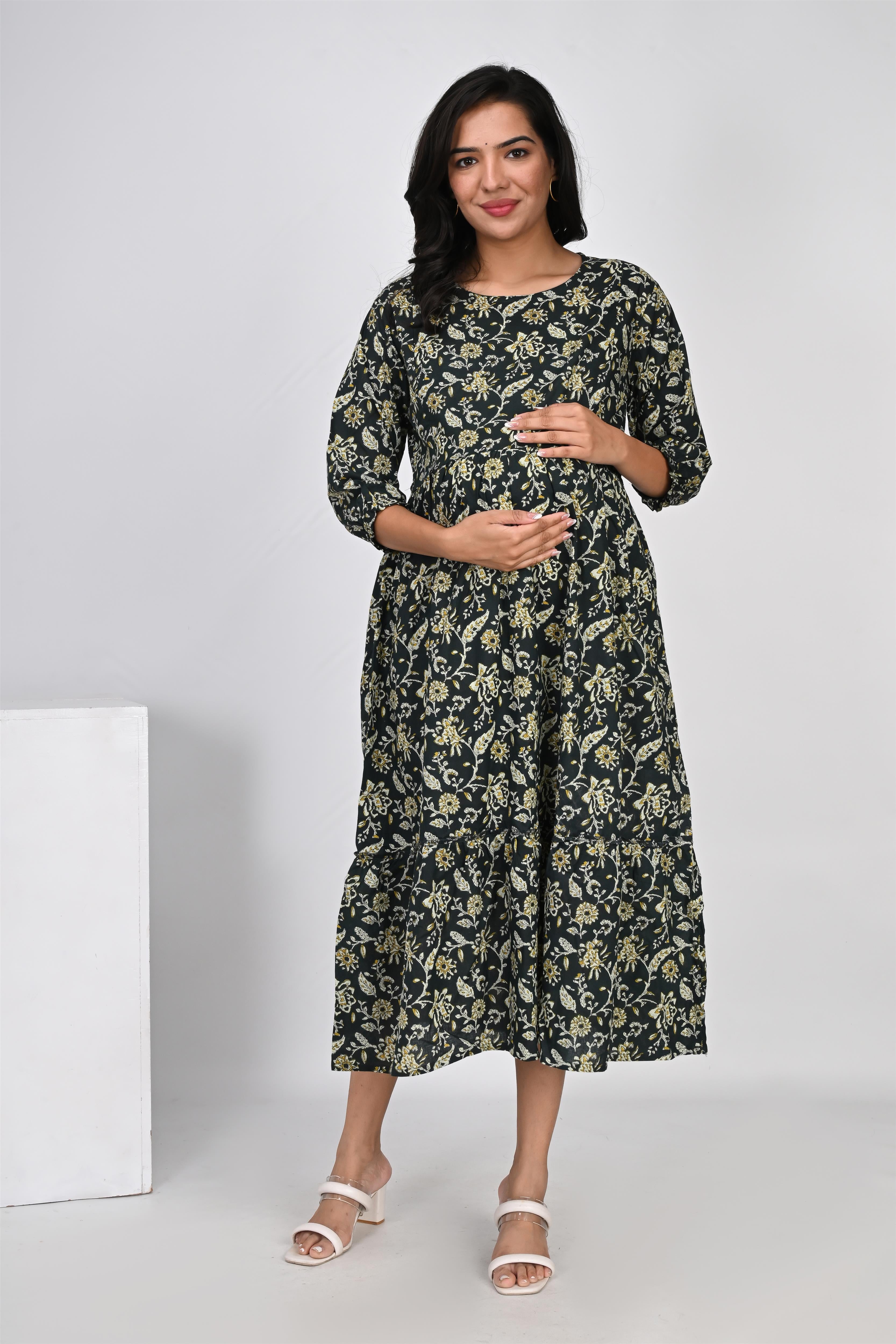 Ofably Flower Printed Cotton Maternity Feeding Dress -Dark Green (OFMK134)