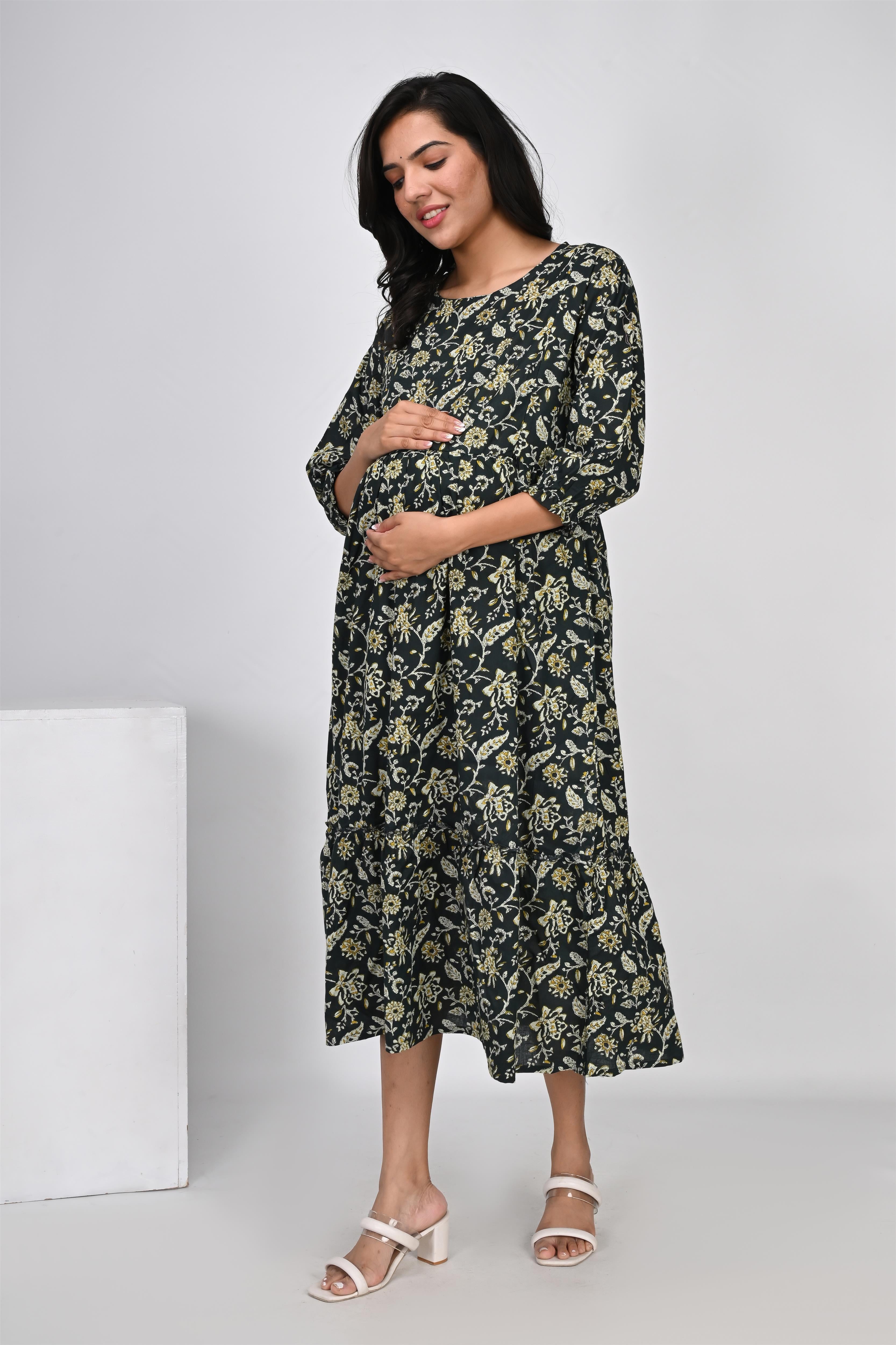 Ofably Flower Printed Cotton Maternity Feeding Dress -Dark Green (OFMK134)