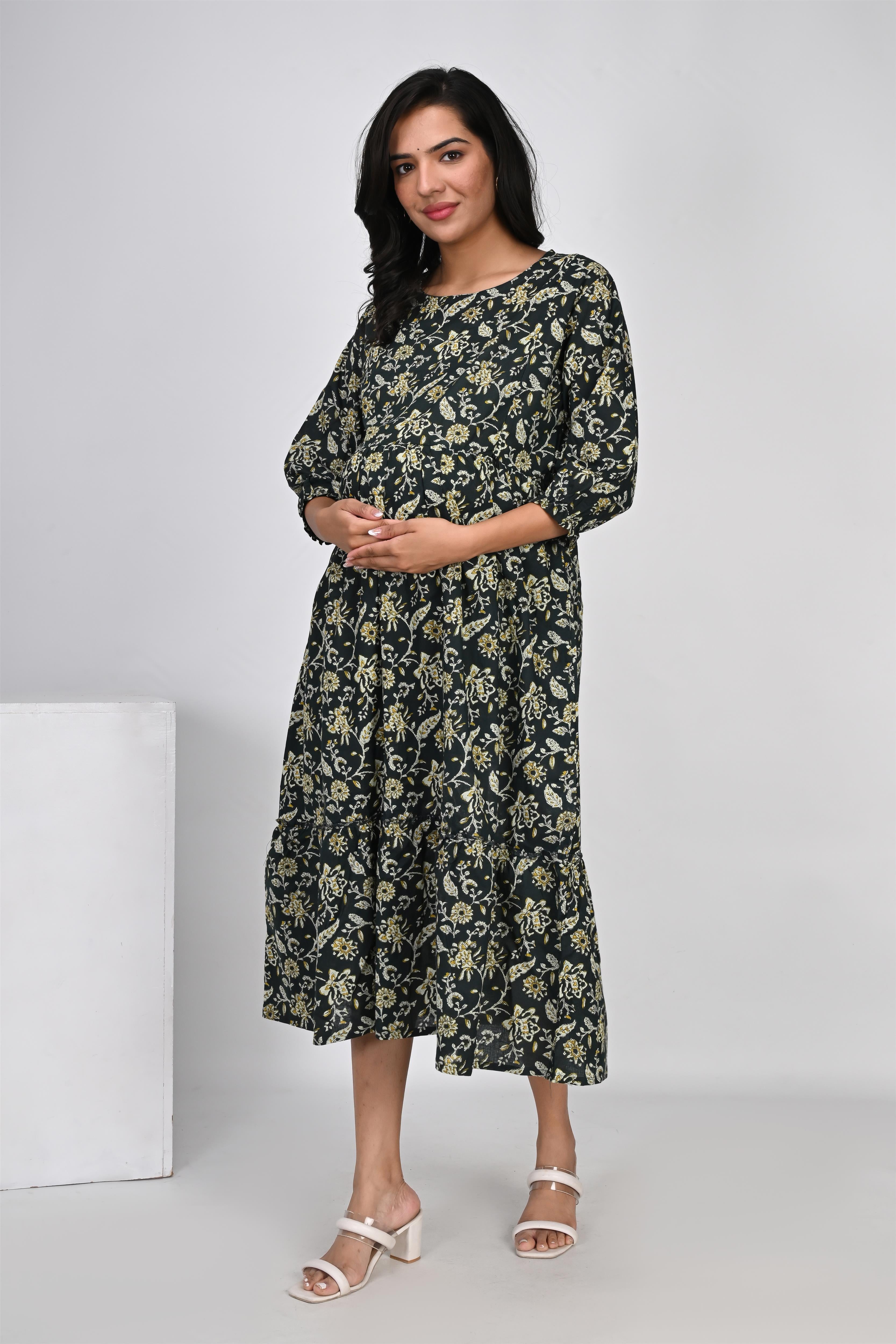 Ofably Flower Printed Cotton Maternity Feeding Dress -Dark Green (OFMK134)