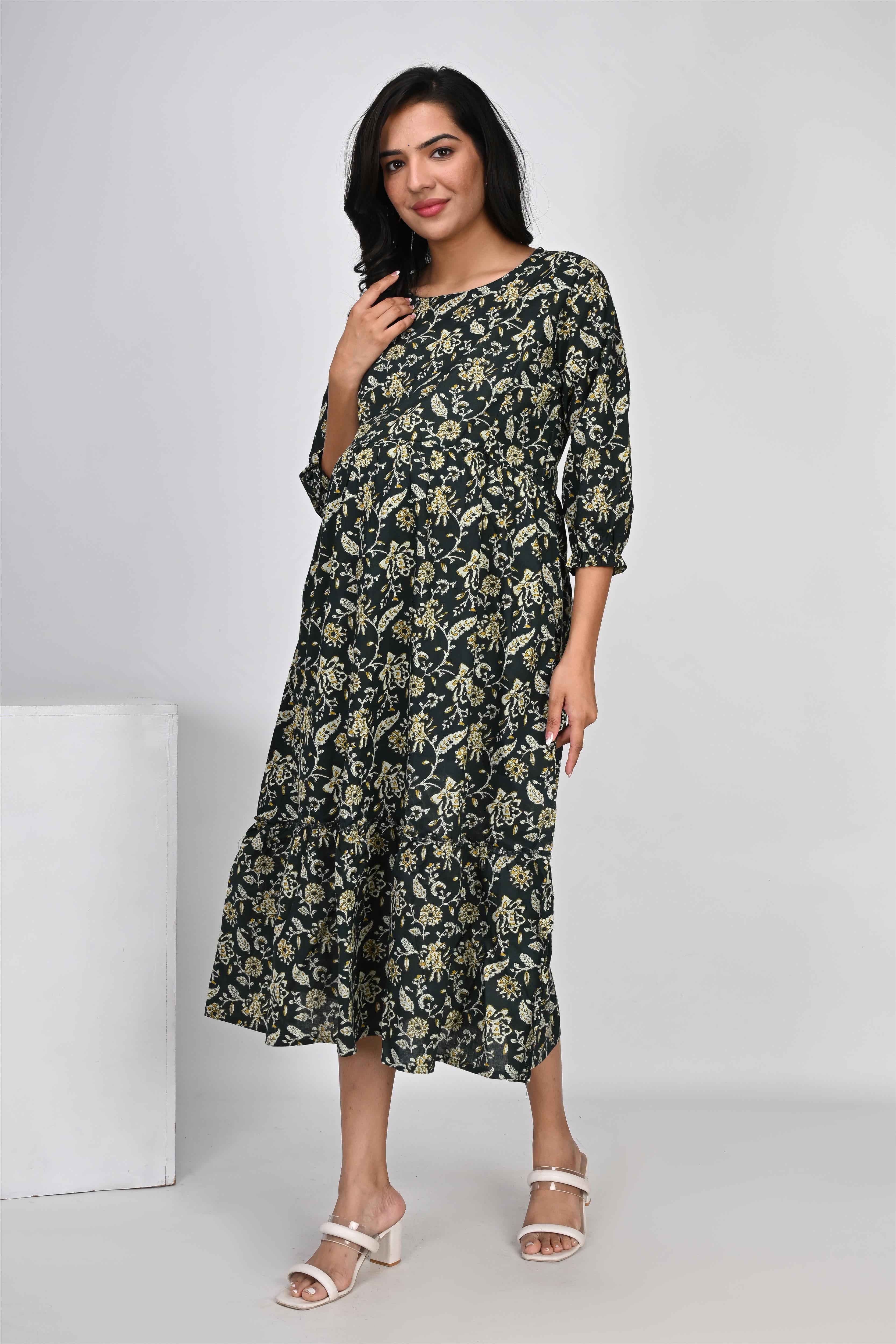 Ofably Flower Printed Cotton Maternity Feeding Dress -Dark Green (OFMK134)