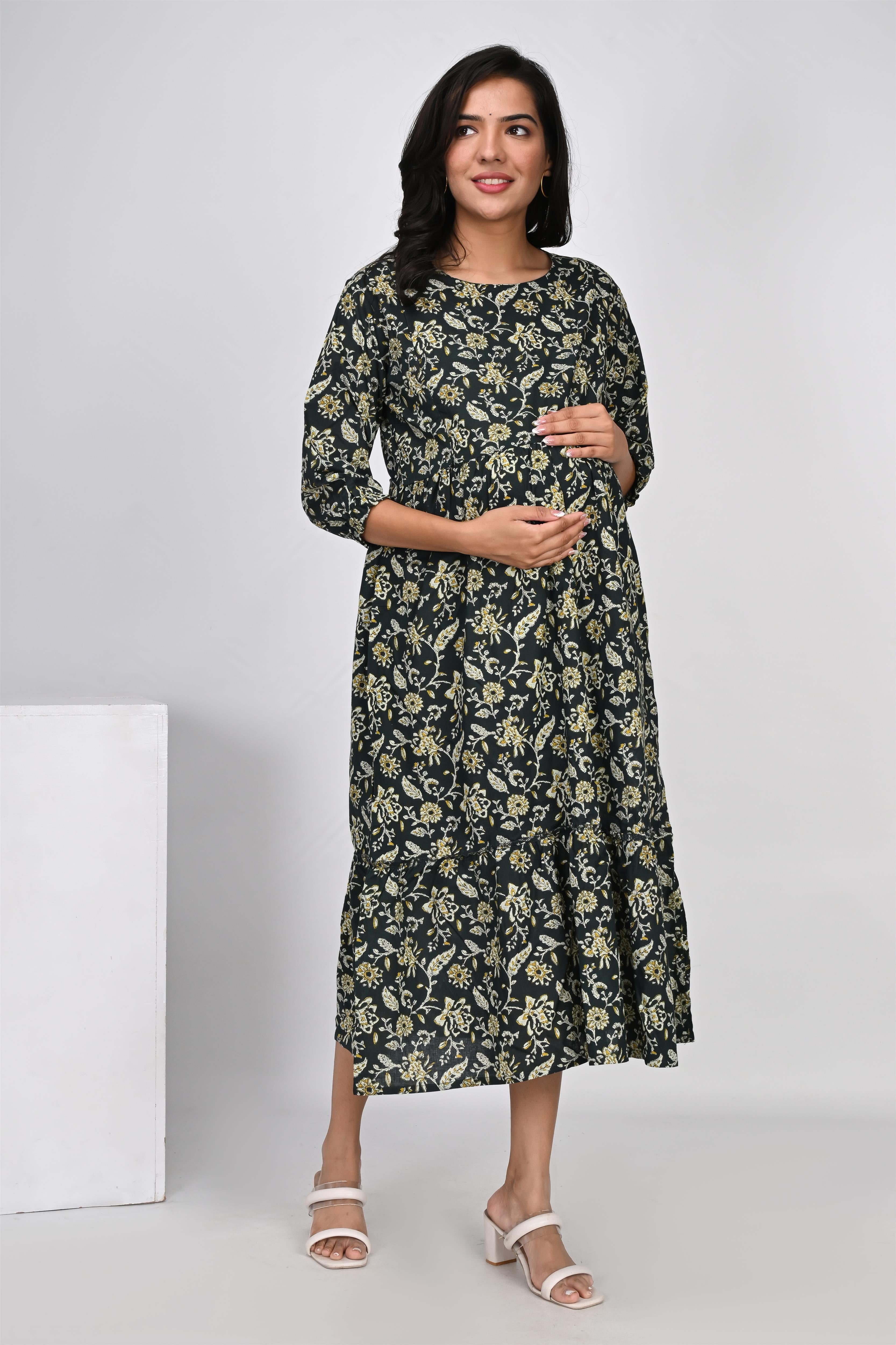 Ofably Flower Printed Cotton Maternity Feeding Dress -Dark Green (OFMK134)