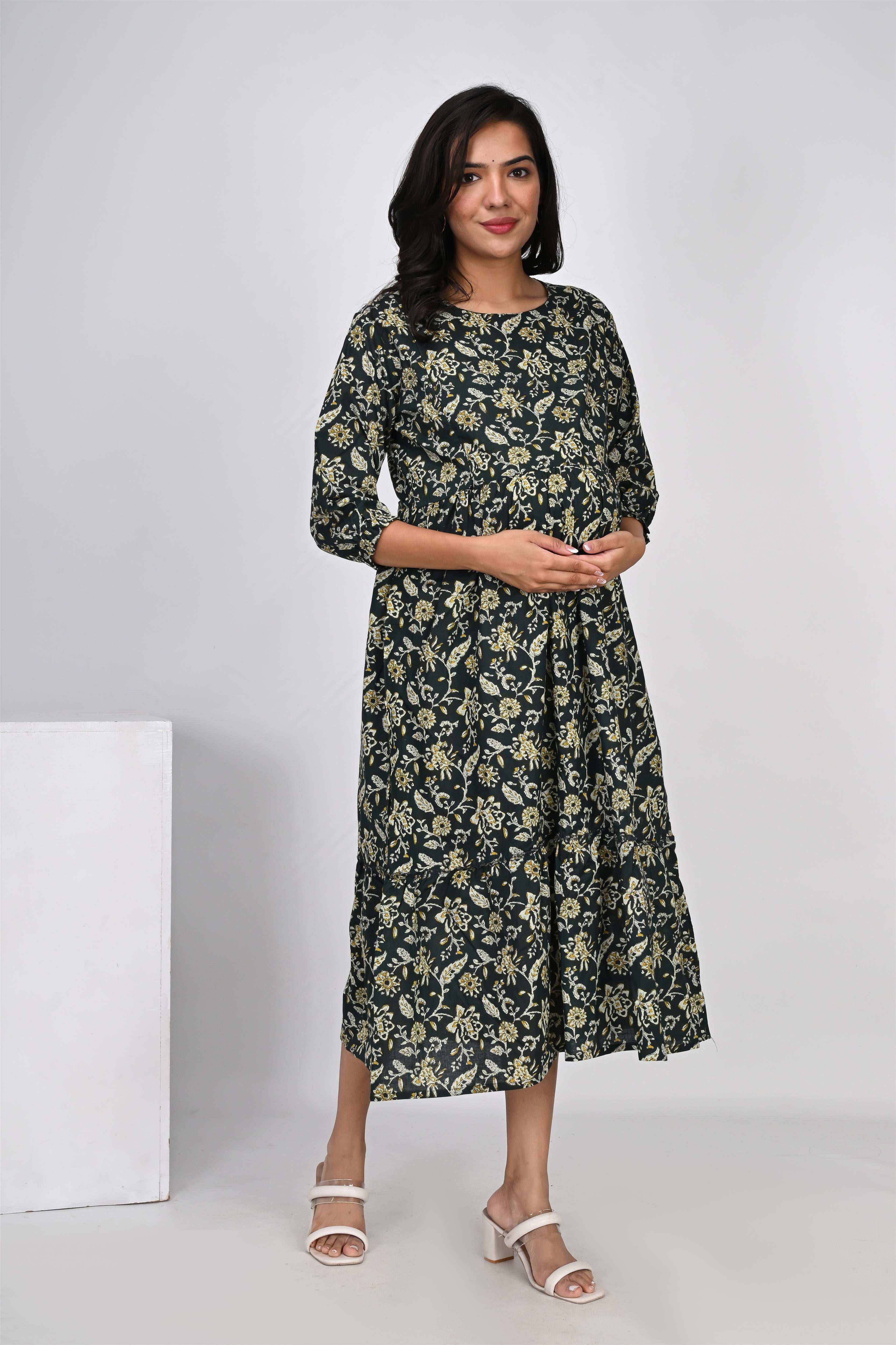 Ofably Flower Printed Cotton Maternity Feeding Dress -Dark Green (OFMK134)