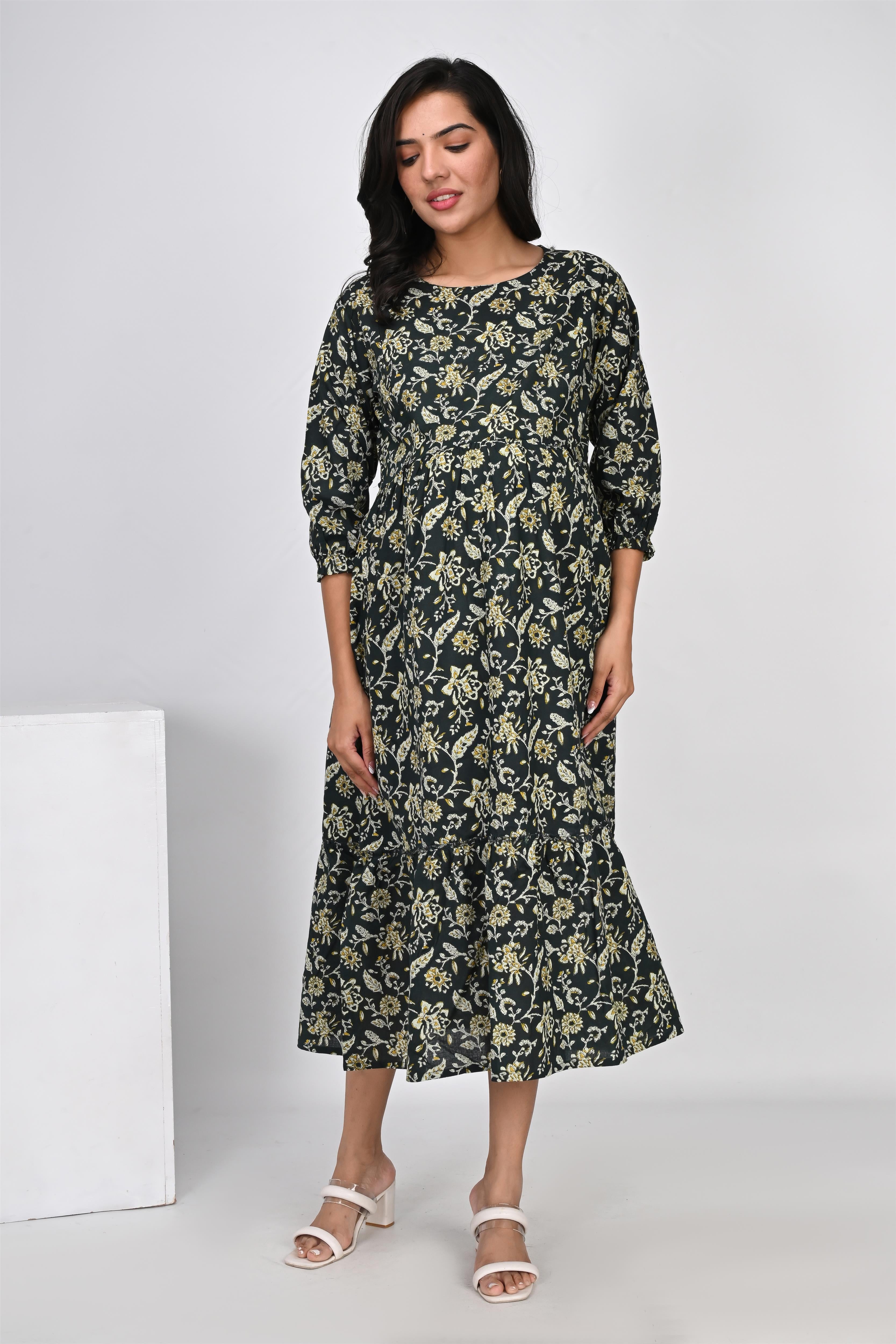 Ofably Flower Printed Cotton Maternity Feeding Dress -Dark Green (OFMK134)