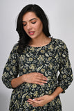 Ofably Flower Printed Cotton Maternity Feeding Dress -Dark Green (OFMK134)