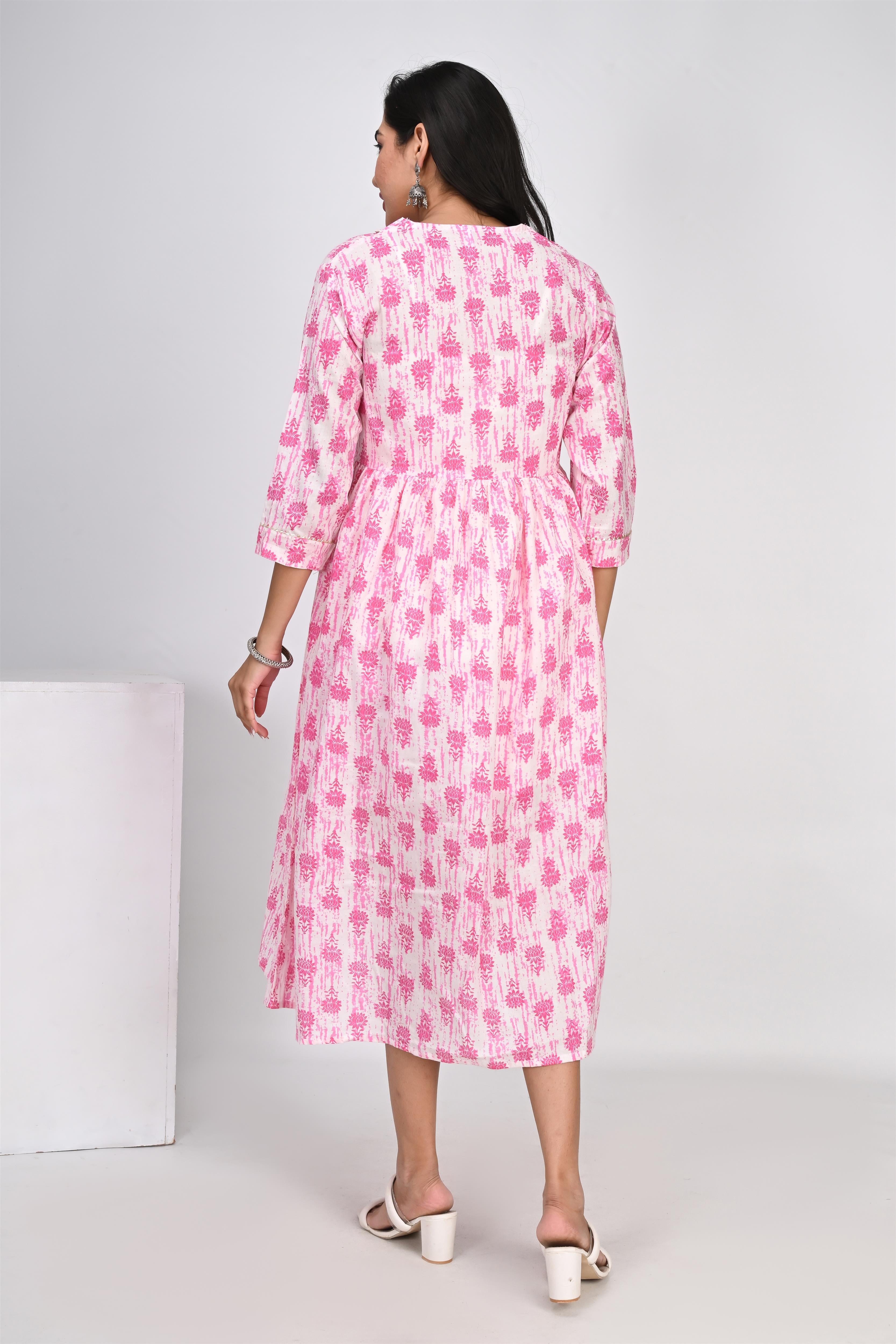 Ofably Up & Down Contrast Maternity Chain Feeding Cotton Dress - Pink(OFMK135)