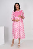 Ofably Up & Down Contrast Maternity Chain Feeding Cotton Dress - Pink(OFMK135)