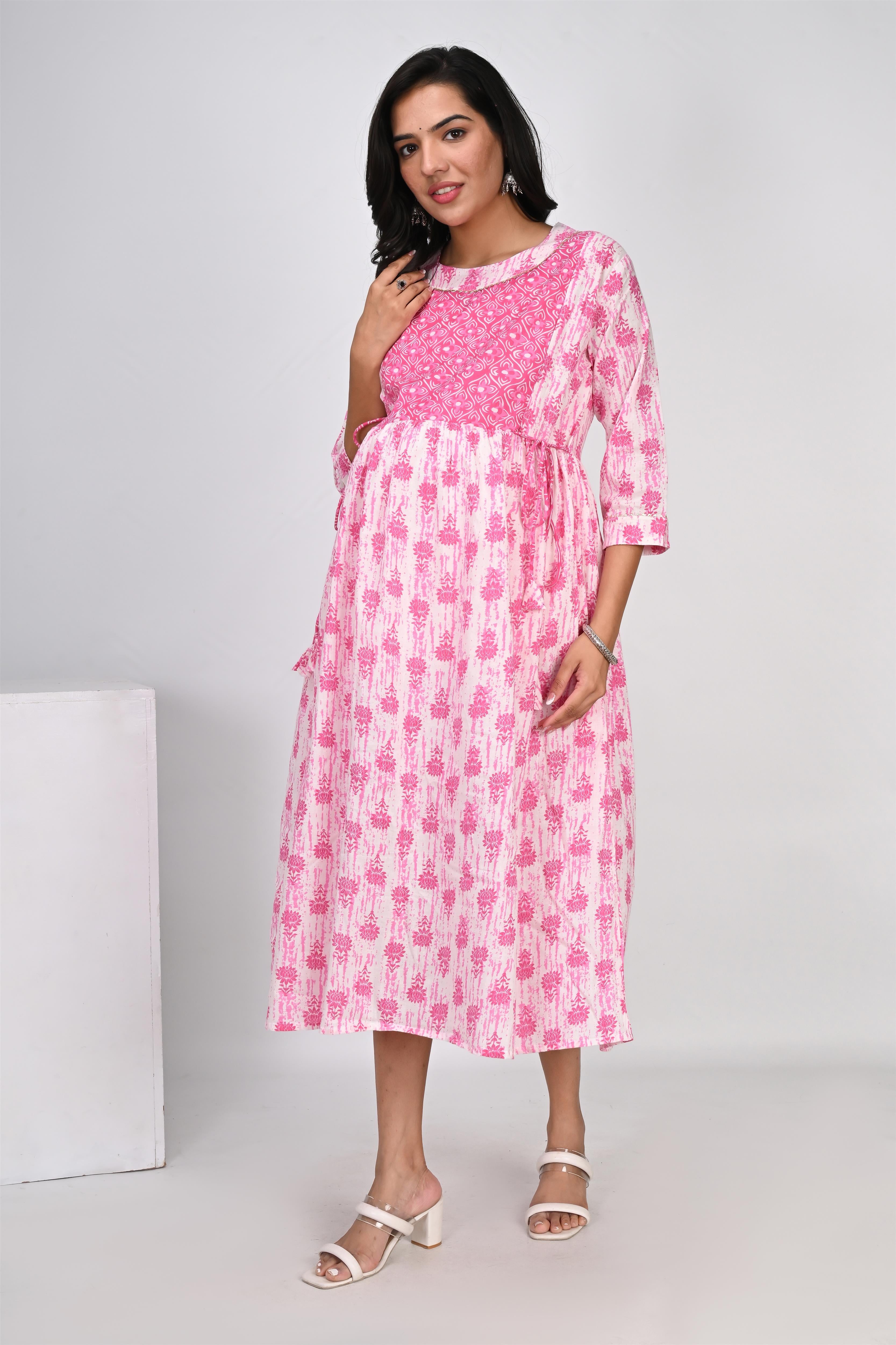 Ofably Up & Down Contrast Maternity Chain Feeding Cotton Dress - Pink(OFMK135)