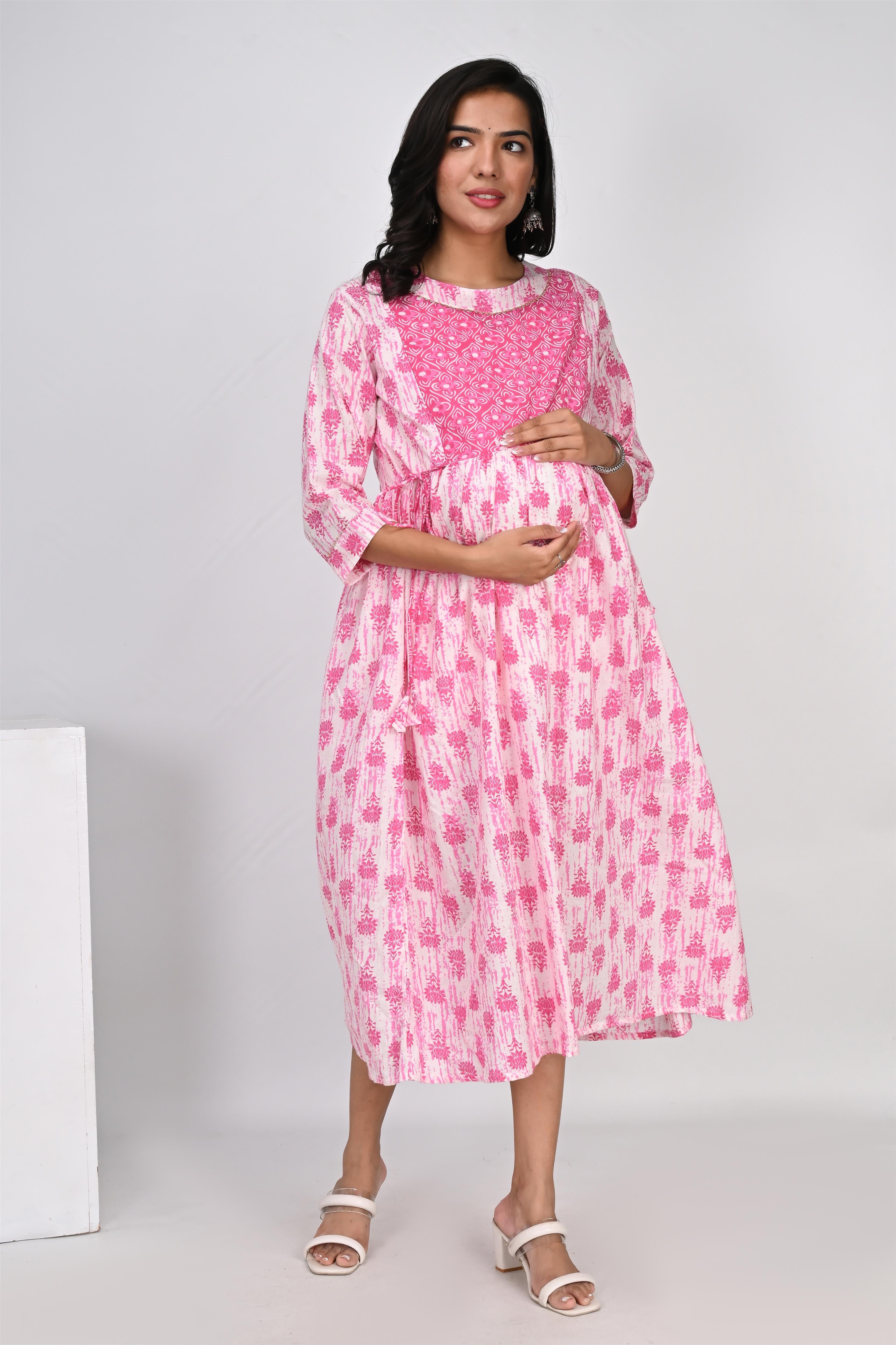 Ofably Up & Down Contrast Maternity Chain Feeding Cotton Dress - Pink(OFMK135)