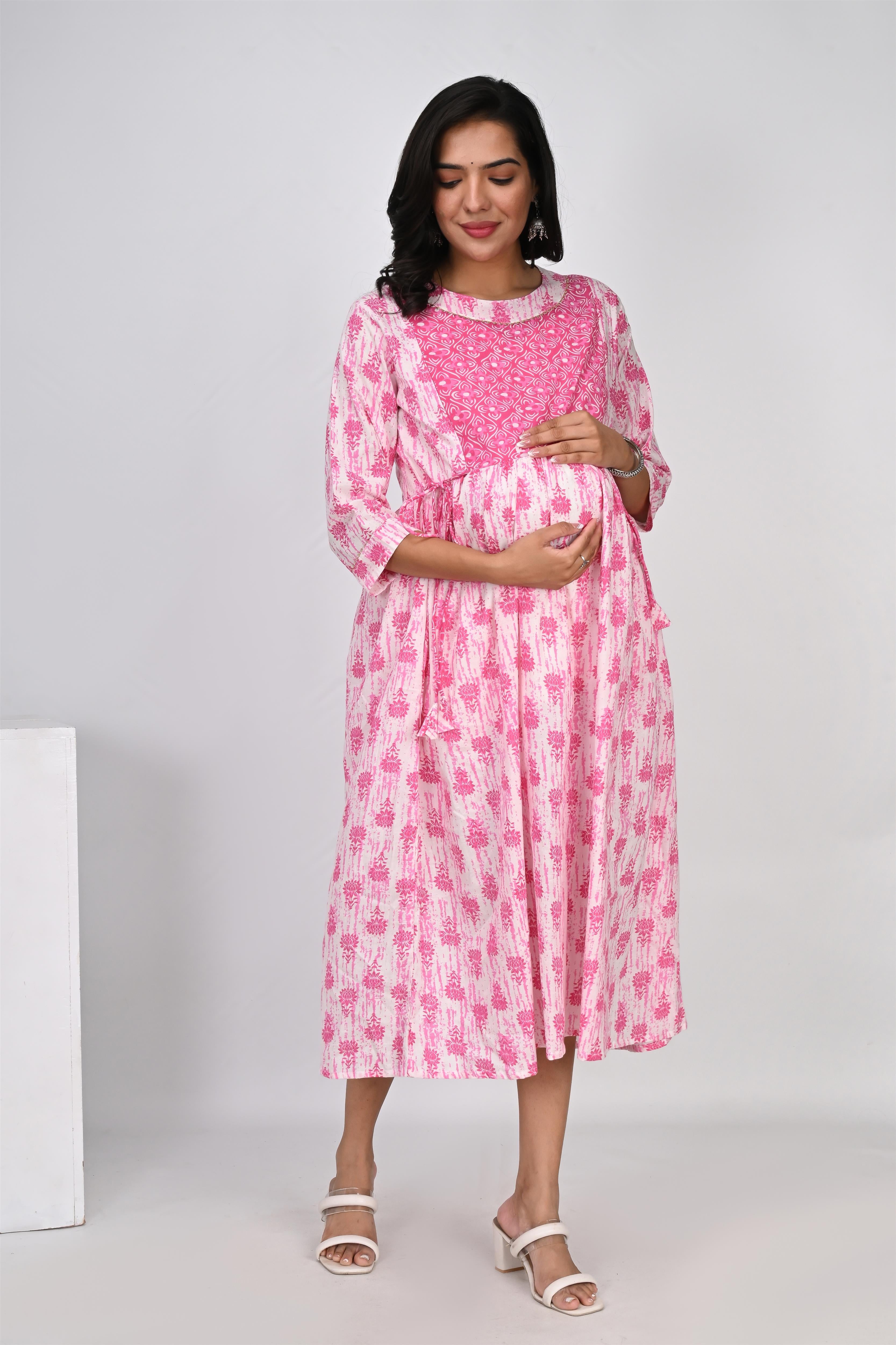 Ofably Up & Down Contrast Maternity Chain Feeding Cotton Dress - Pink(OFMK135)