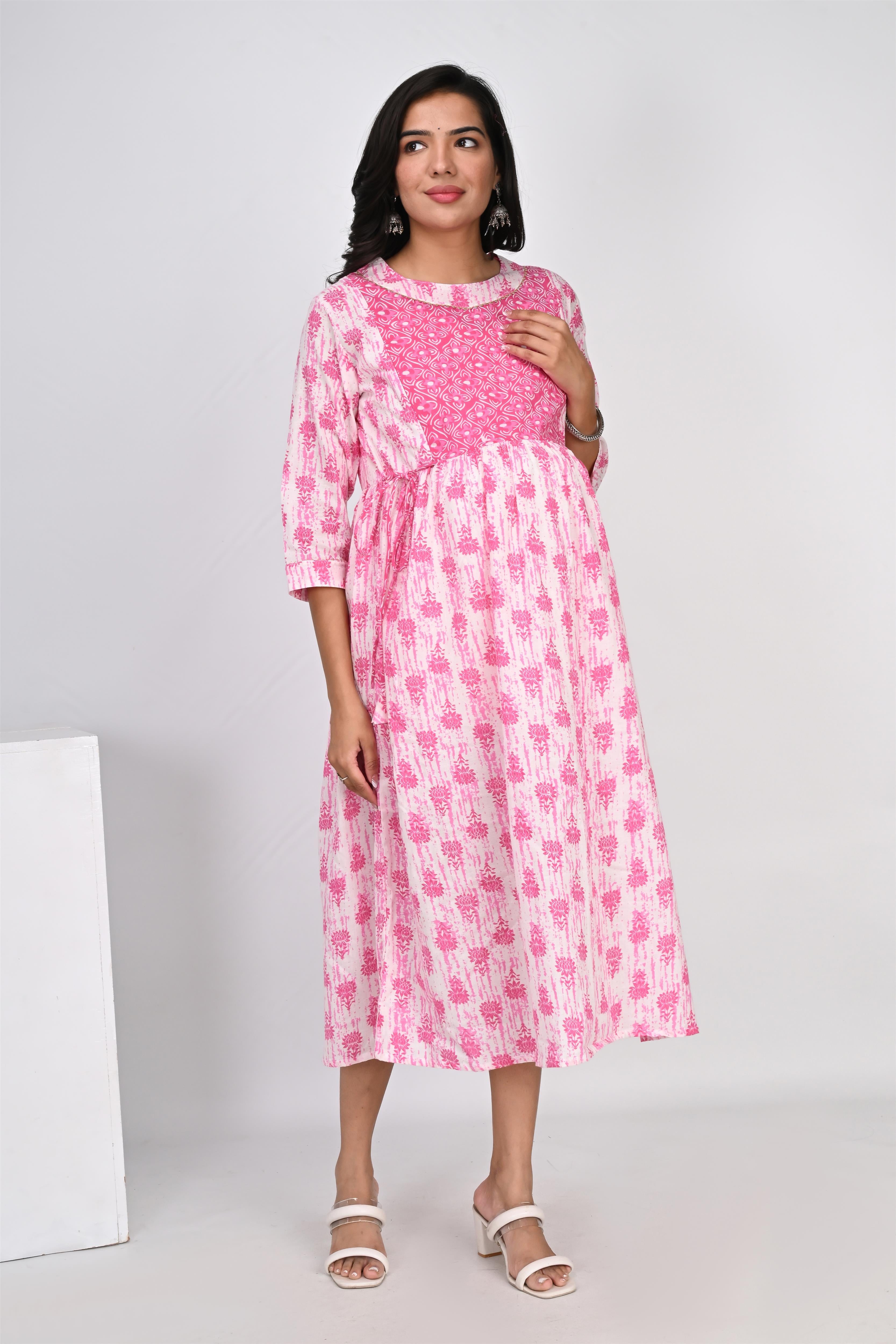 Ofably Up & Down Contrast Maternity Chain Feeding Cotton Dress - Pink(OFMK135)