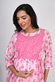 Ofably Up & Down Contrast Maternity Chain Feeding Cotton Dress - Pink(OFMK135)