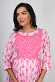 Ofably Up & Down Contrast Maternity Chain Feeding Cotton Dress - Pink(OFMK135)