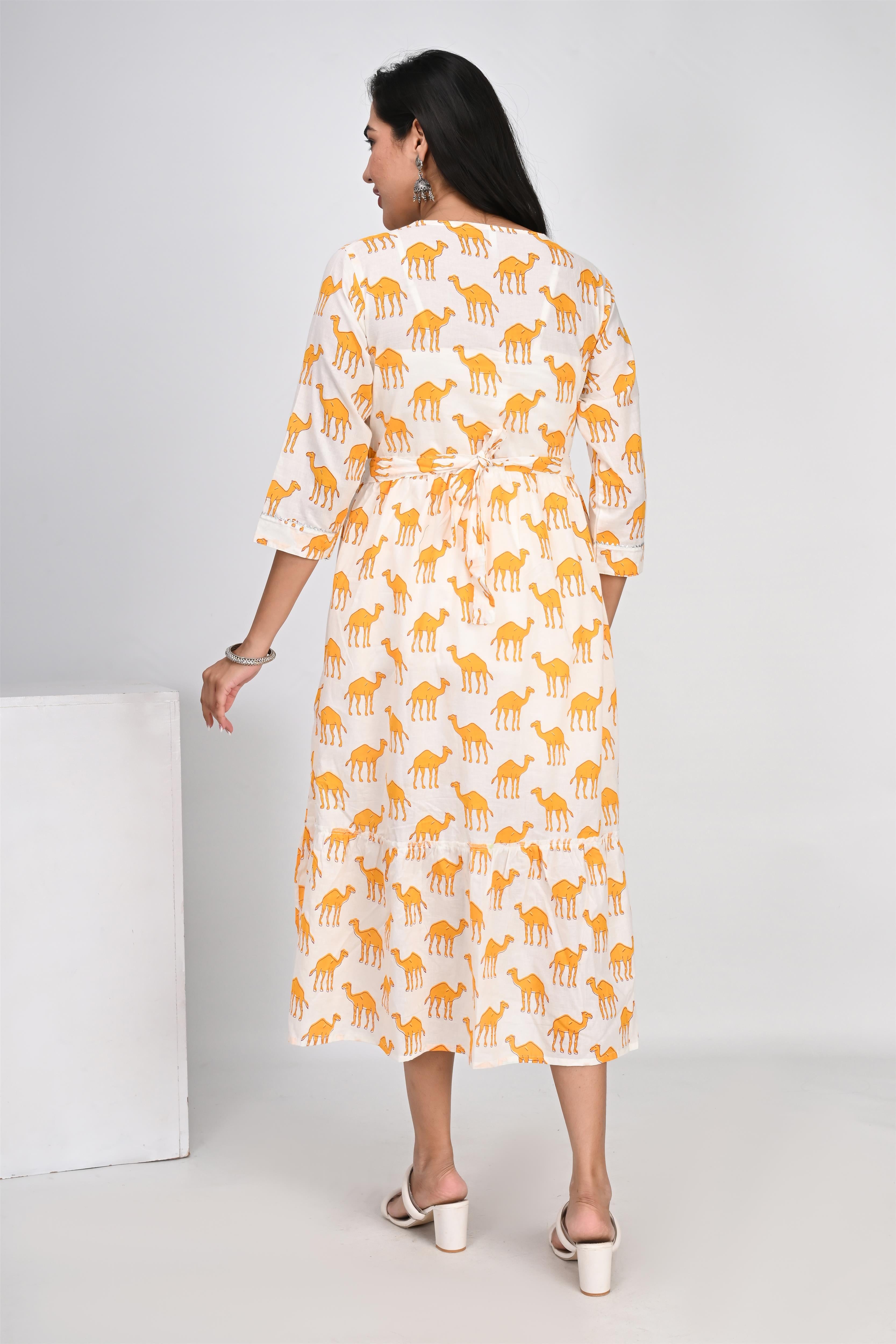 Ofably Yellow Camel Print With Lace Maternity Chain Feeding Kurti -Cream (OFMK136)