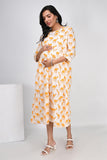 Ofably Yellow Camel Print With Lace Maternity Chain Feeding Kurti -Cream (OFMK136)