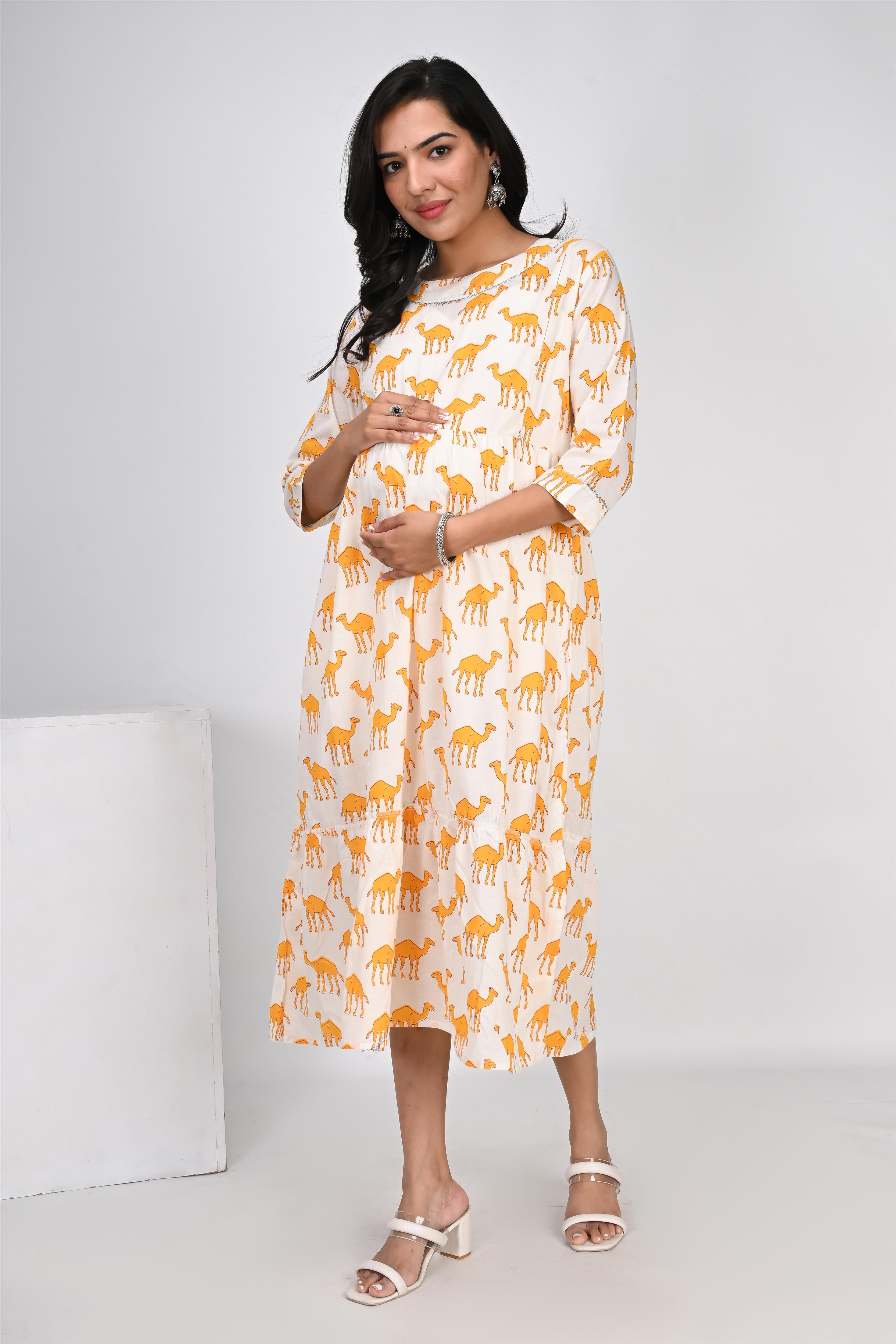 Ofably Yellow Camel Print With Lace Maternity Chain Feeding Kurti -Cream (OFMK136)