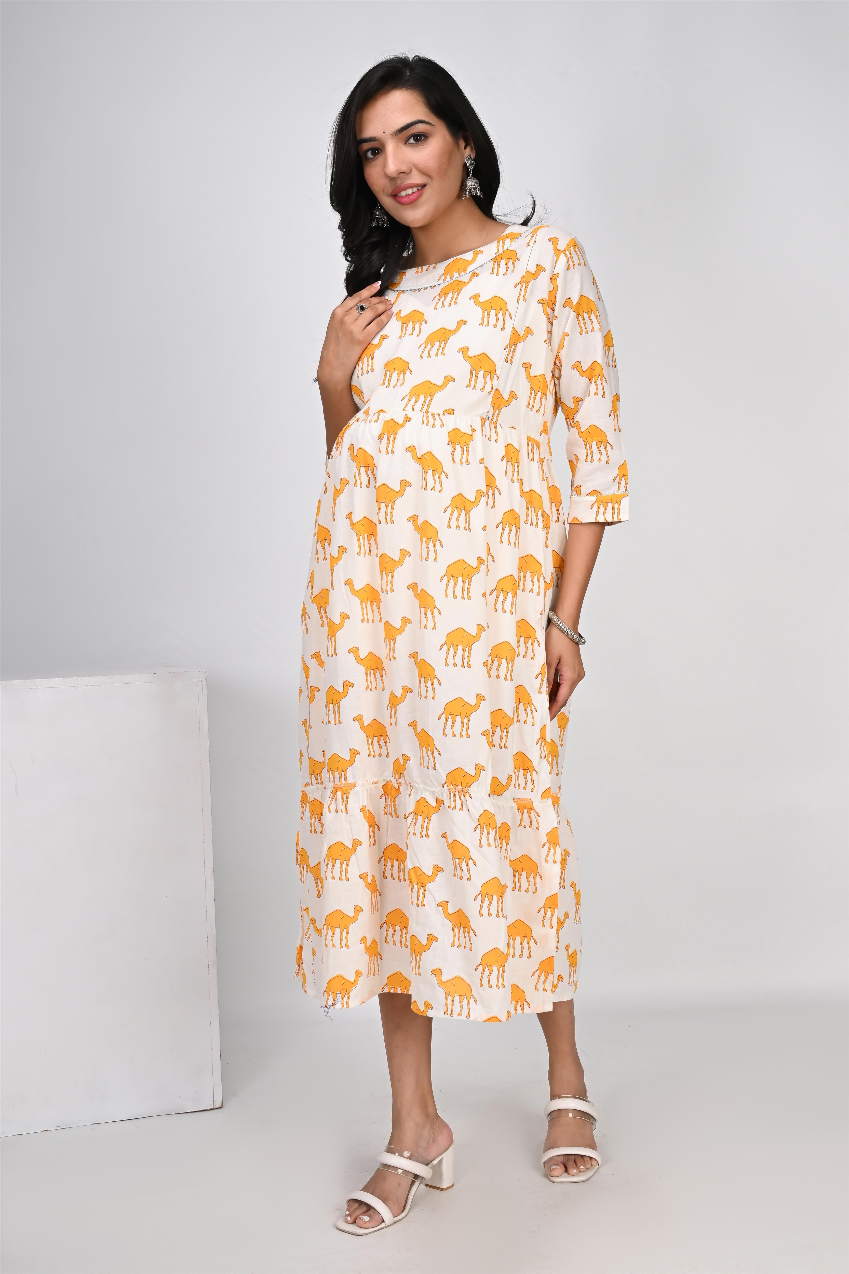 Ofably Yellow Camel Print With Lace Maternity Chain Feeding Kurti -Cream (OFMK136)