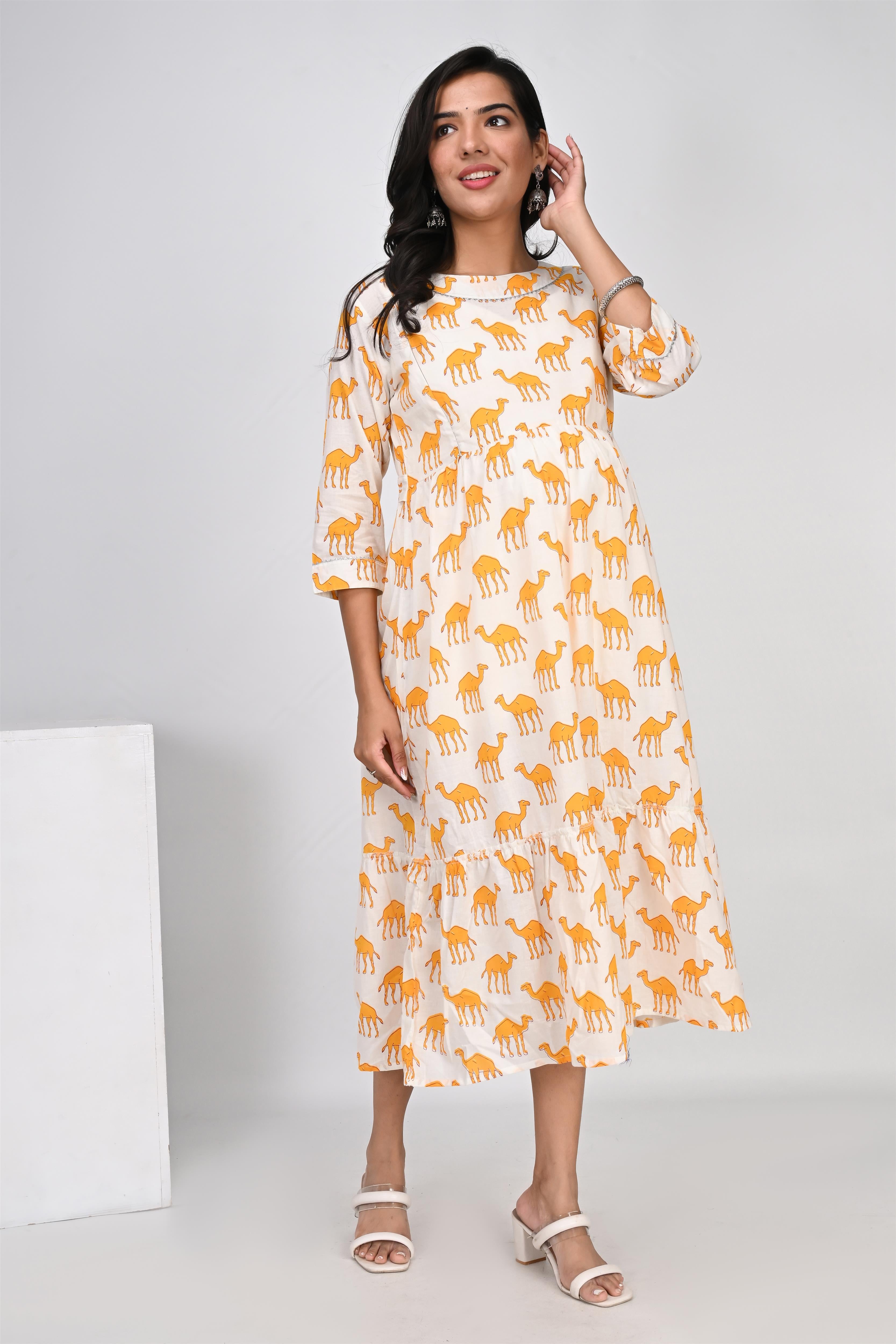 Ofably Yellow Camel Print With Lace Maternity Chain Feeding Kurti -Cream (OFMK136)