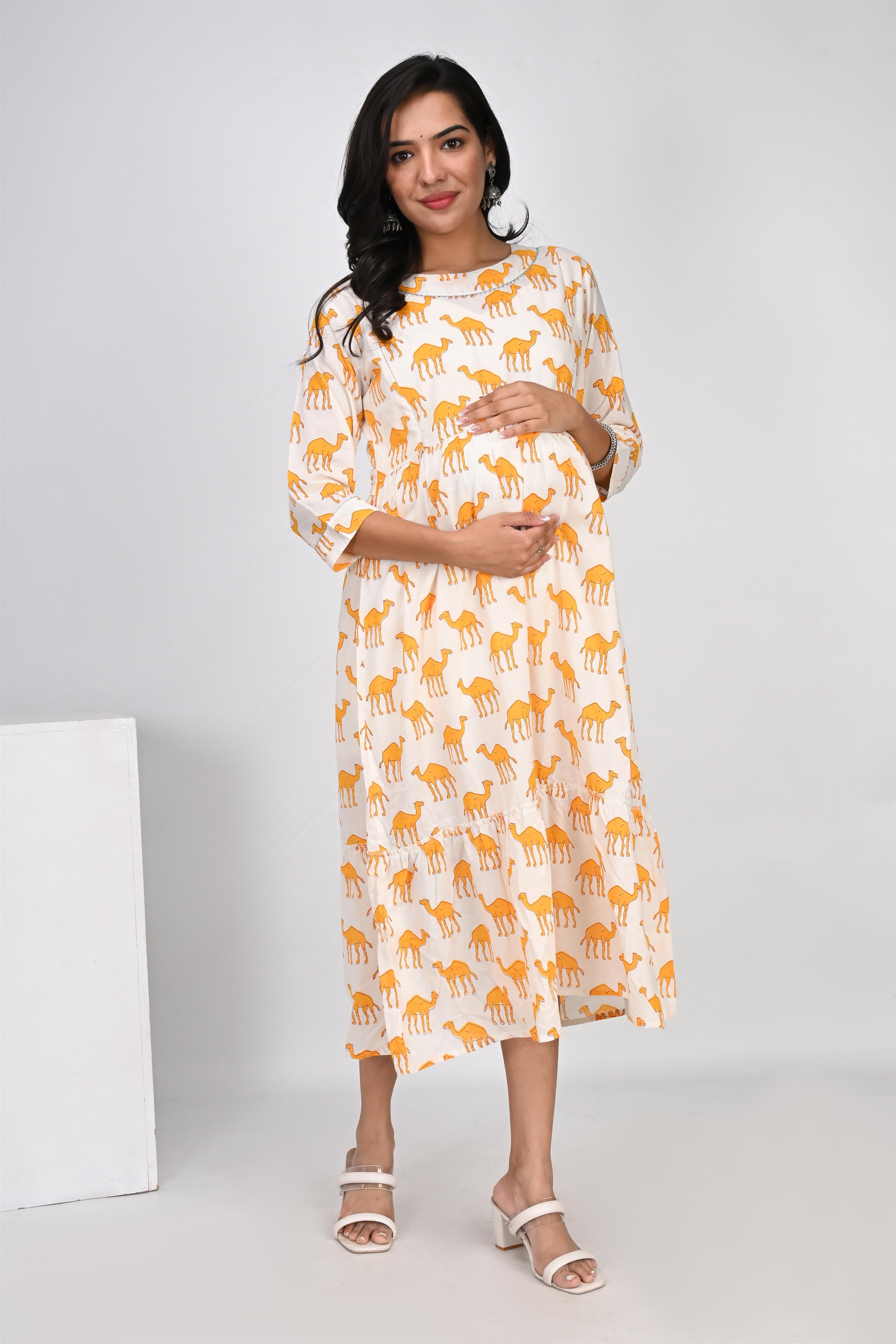 Ofably Yellow Camel Print With Lace Maternity Chain Feeding Kurti -Cream (OFMK136)